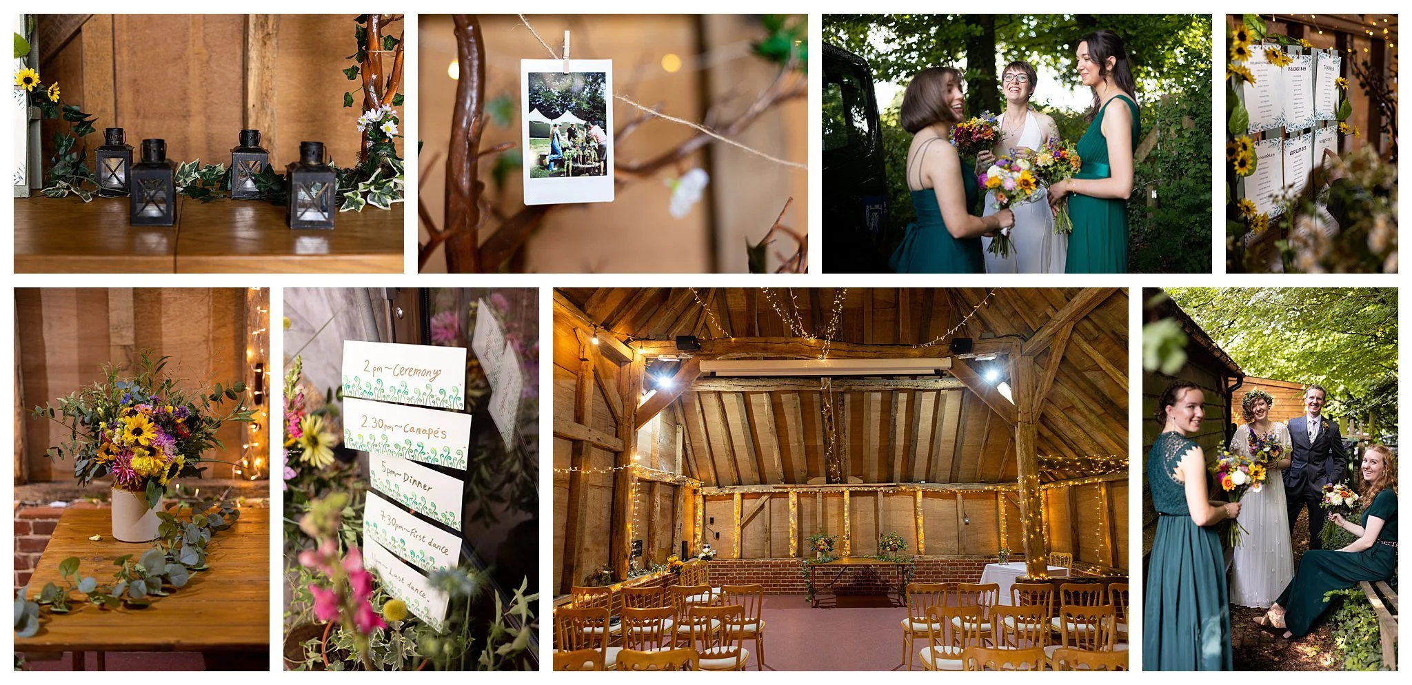 Multiple images showing details and set up in the barn at Gilbert Whites House and Oates Collection. It's a colourful but boho vibe, with Lord of the Rings table details.