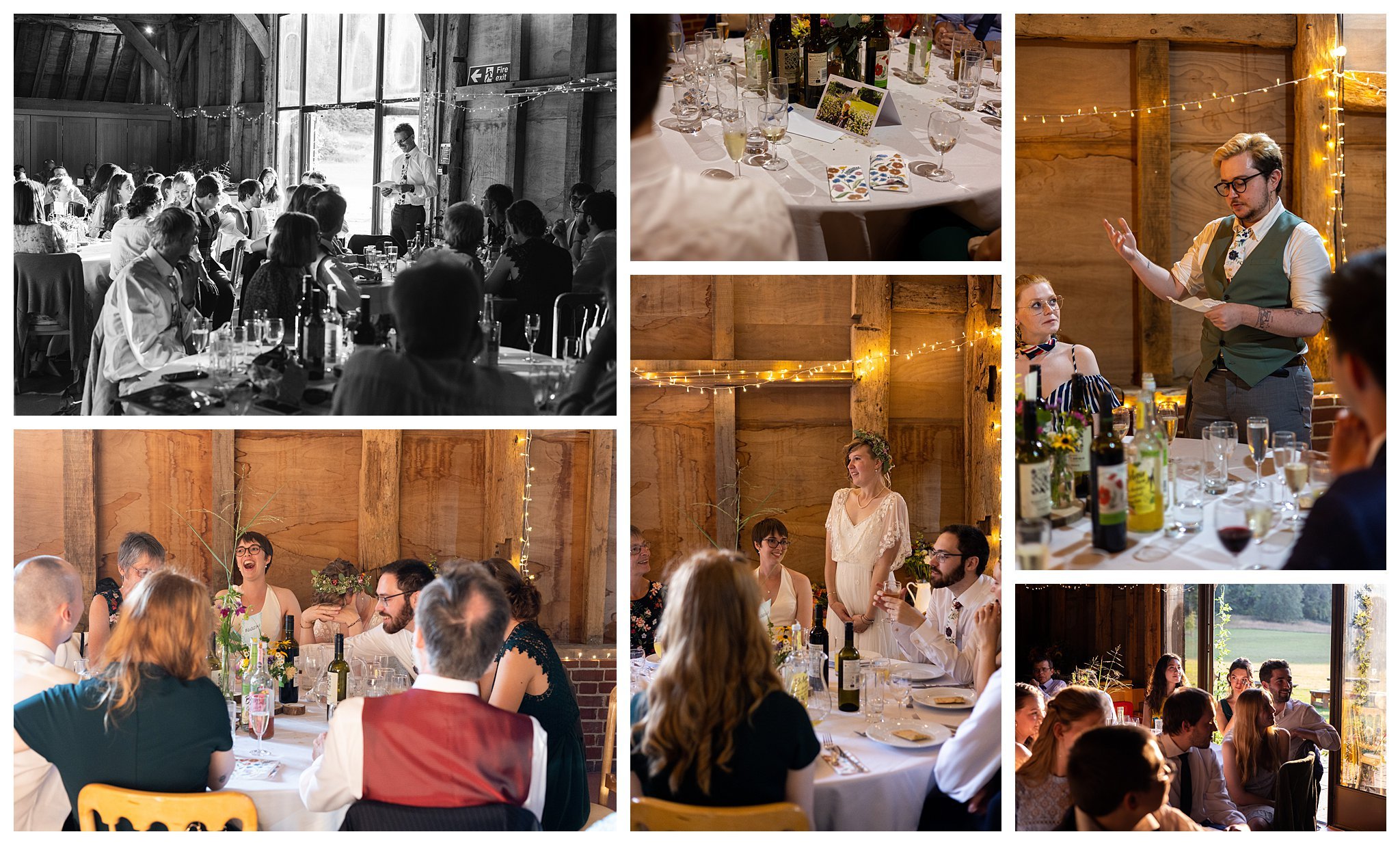 Multiple images of speeches at GIlbert White's House of a lesbian wedding, the brides are laughing, guests are crying and there are old photographs and glasses on the tables