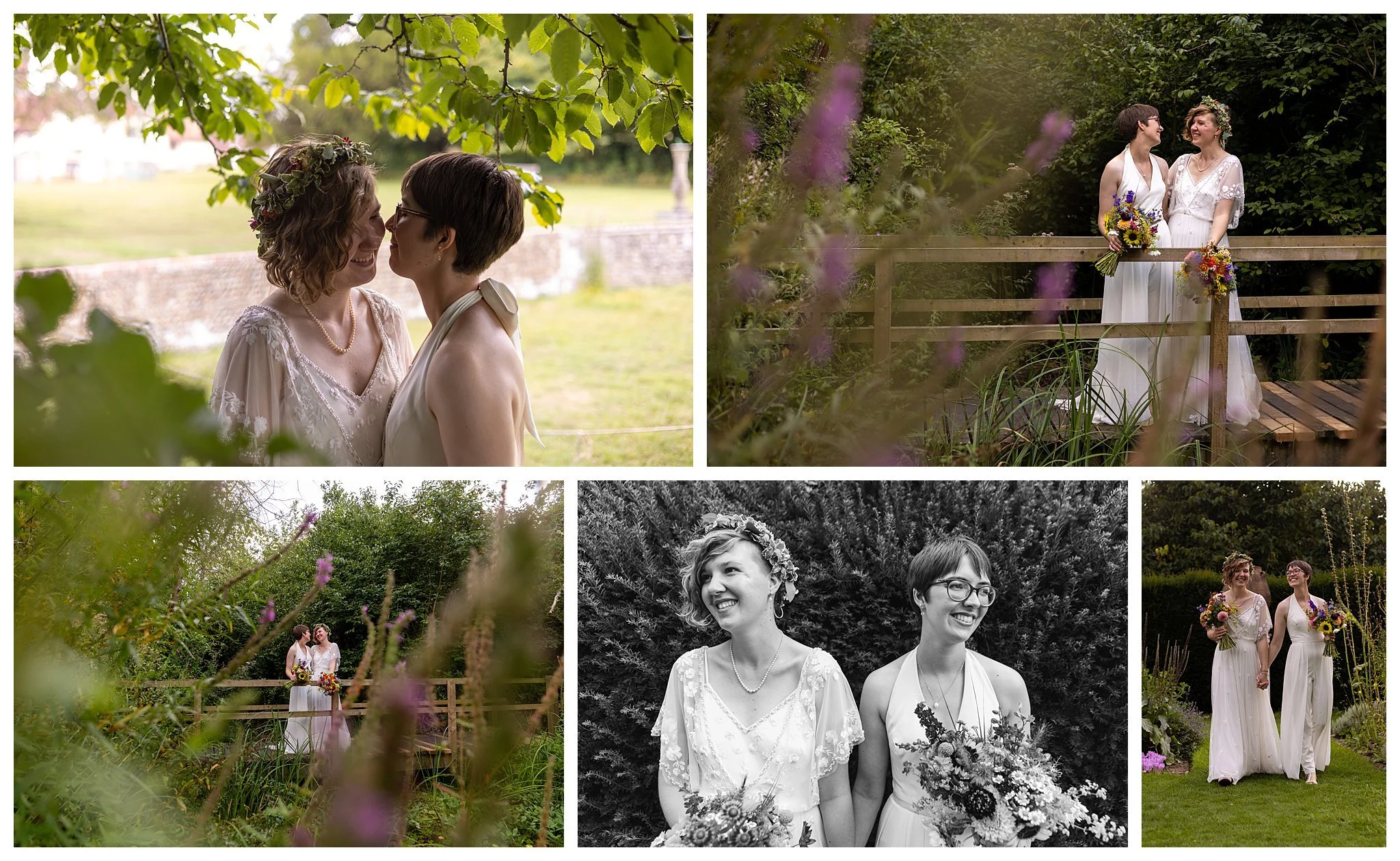 Multiple images of two brides in the gardens of Gilbert Whites House, snuggling under the boughs of an oak and laughing walking through the cottage garden. Harriet has a lacy boho wedding dress with flowercrown, Gill wears a chic halterneck jumpsuit