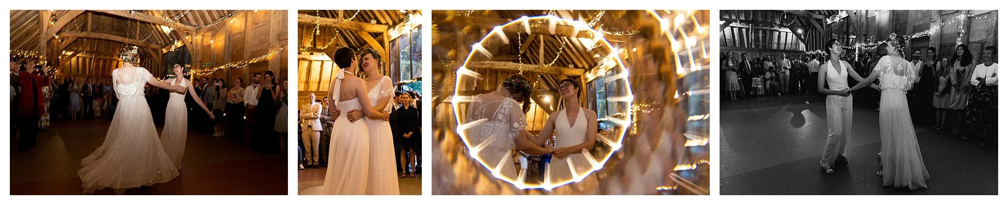 Two brides having their first dance in Gilbert White's House Barn, one image is distorted with a fractal filter circling lights around them
