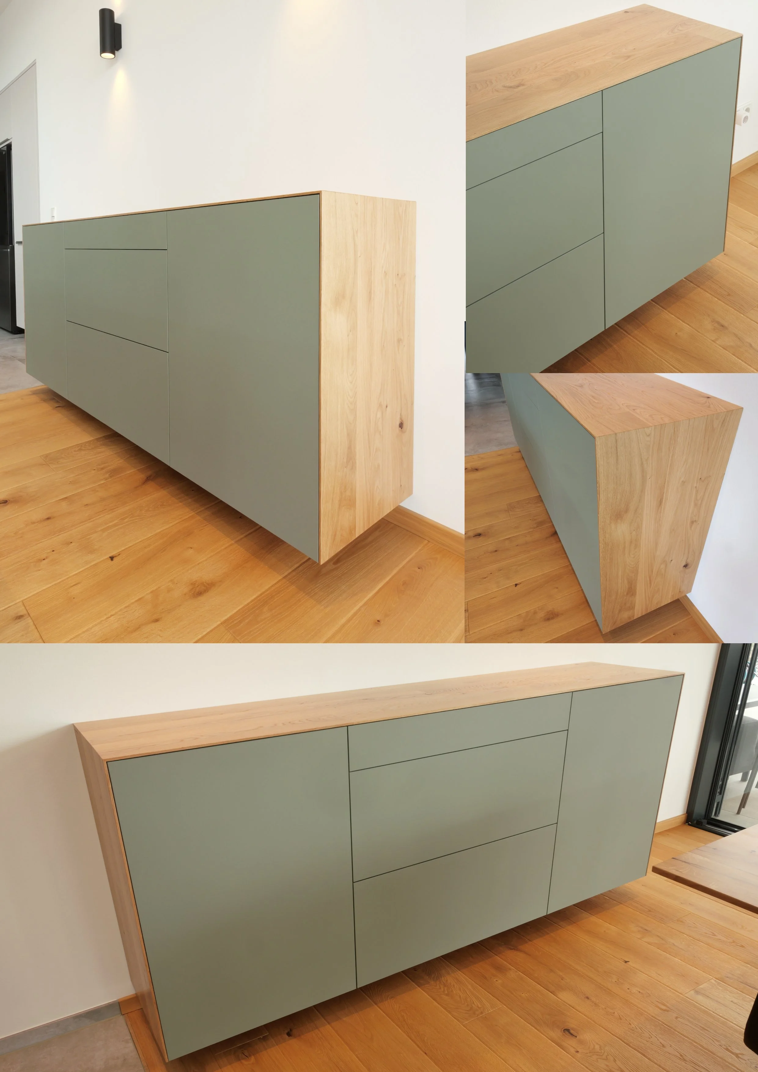 Sideboard suspendu chene massif et facades Egger Perfect Sense