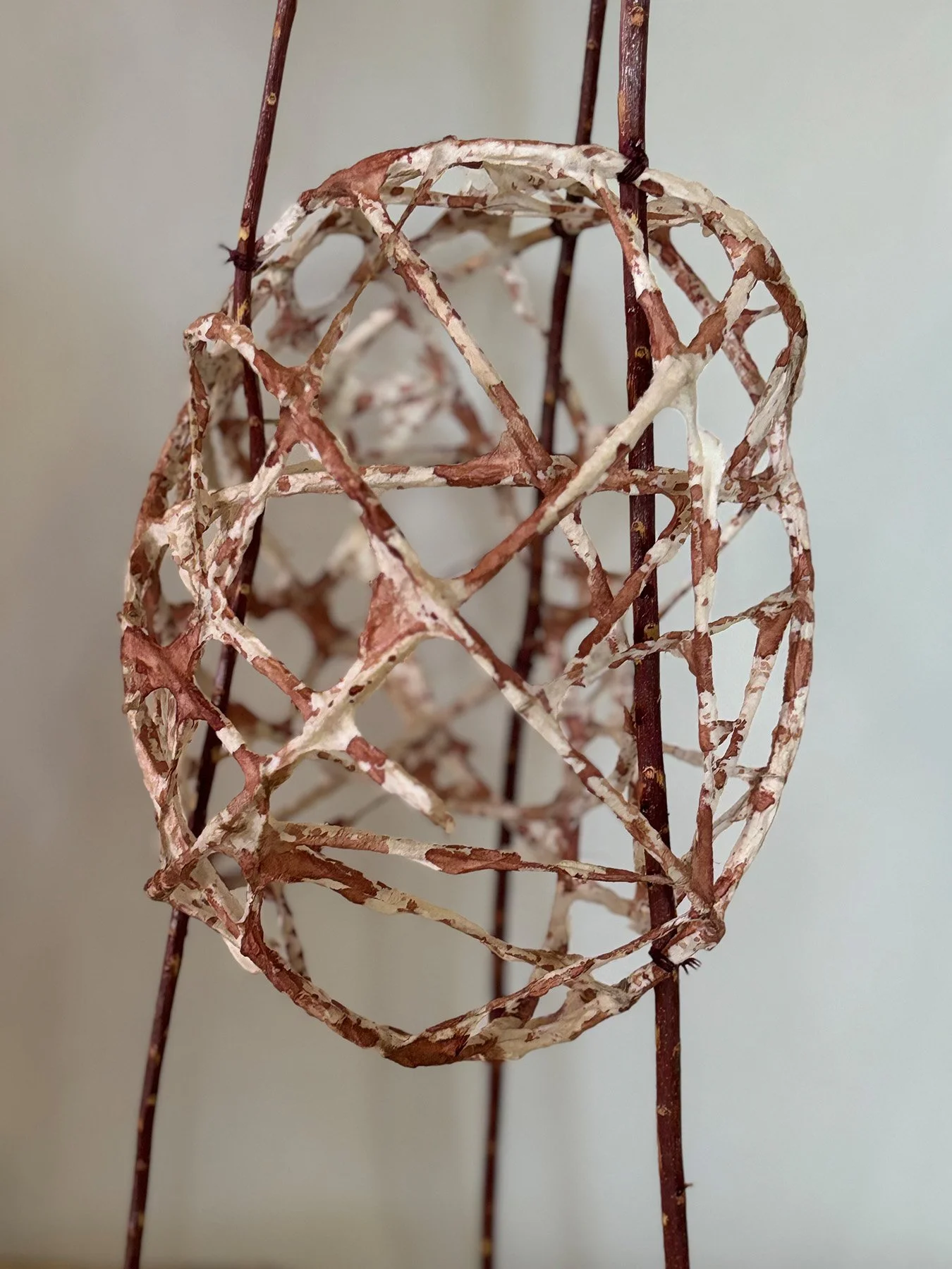 Alkemi: two (detail), tamarisk, thread, rattan, kakishibu.
Available for purchase
