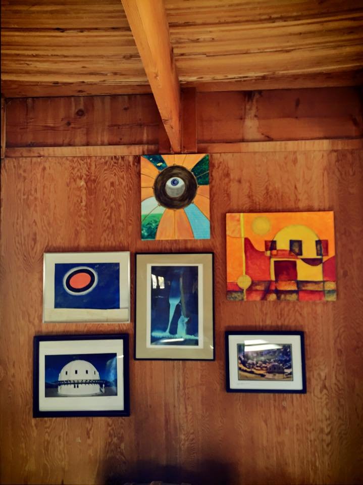  Various rectangular art works placed together haphazardly. Some are photos of the Integratron, others are abstract art seemingly inspired by the experience of being there 