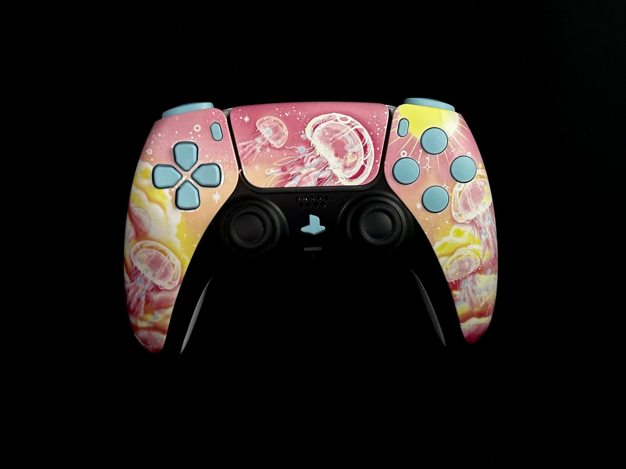 Custom Pink Jelly Fish PS5 controller with Heaven Blue Buttons