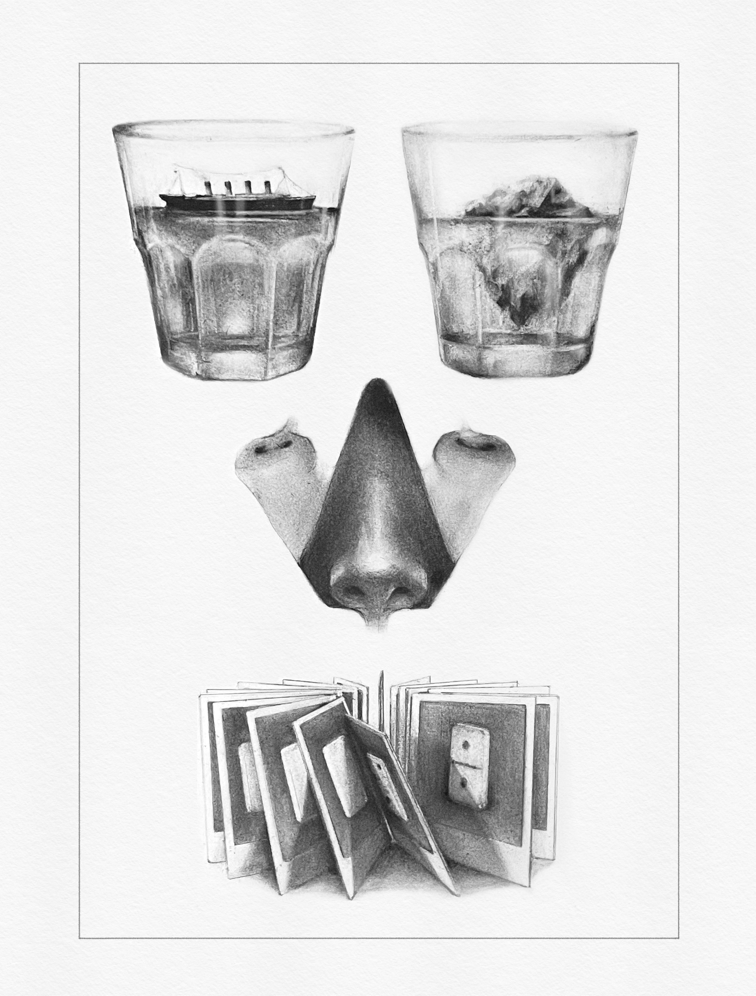 Charcoal drawing of the Titanic and an Iceberg in rocks glasses, noses (two inverted), and a circle of falling Polaroids with images of dominoes on them