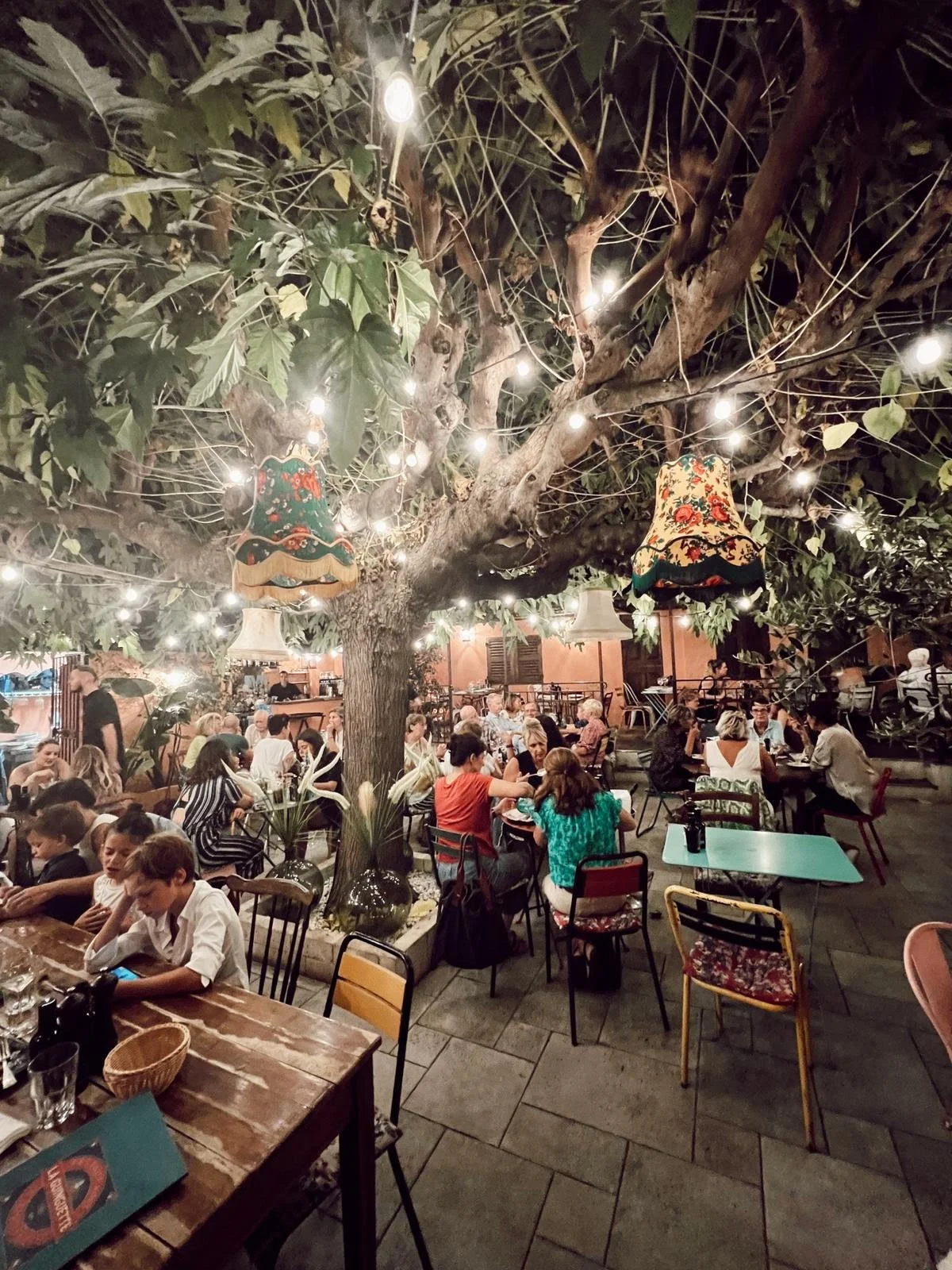 image of large fig tree enveloping a restaurant courtyard with lights and people eating