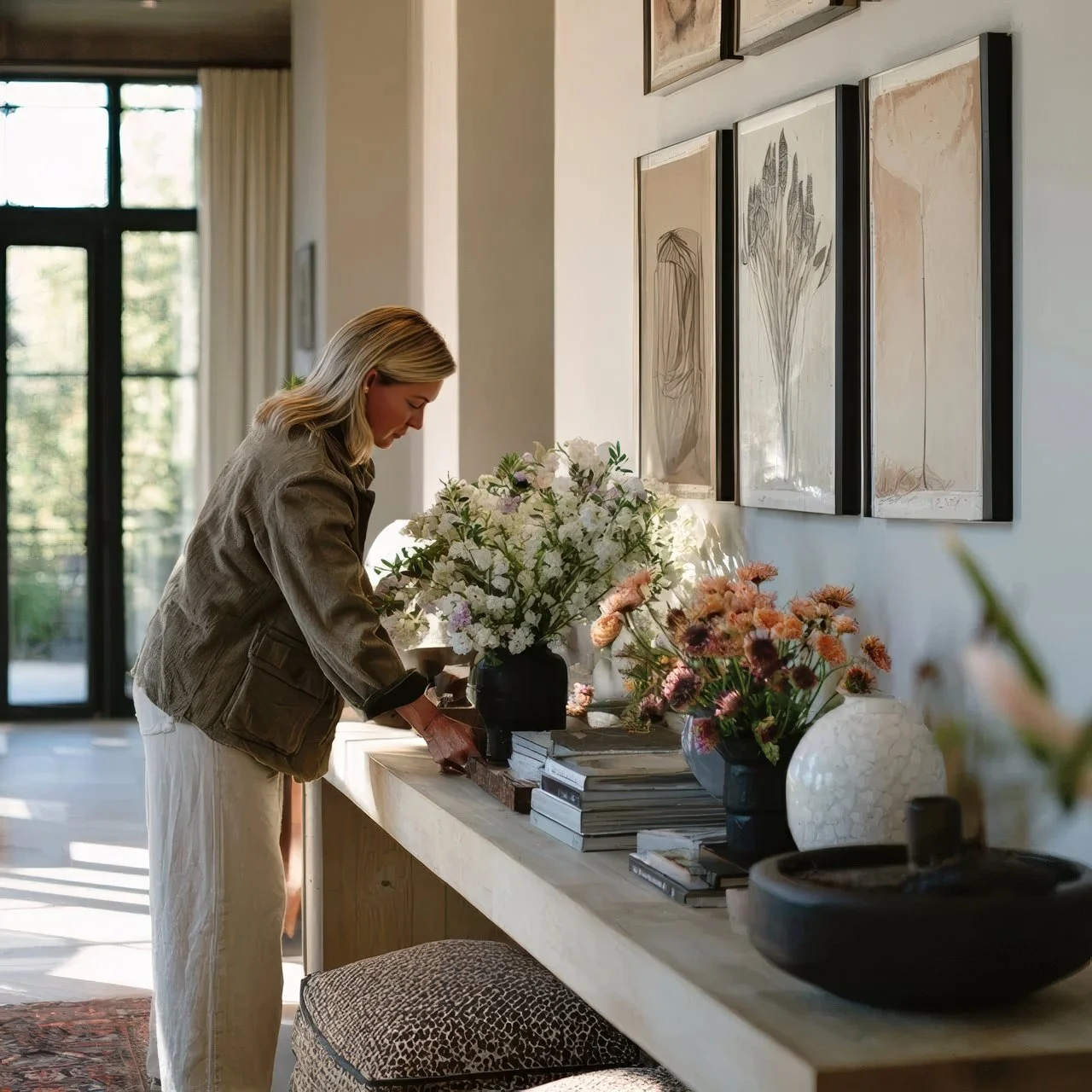 Estate manager styling fresh flowers inside a private Marin County residence as part of home care and lifestyle management.