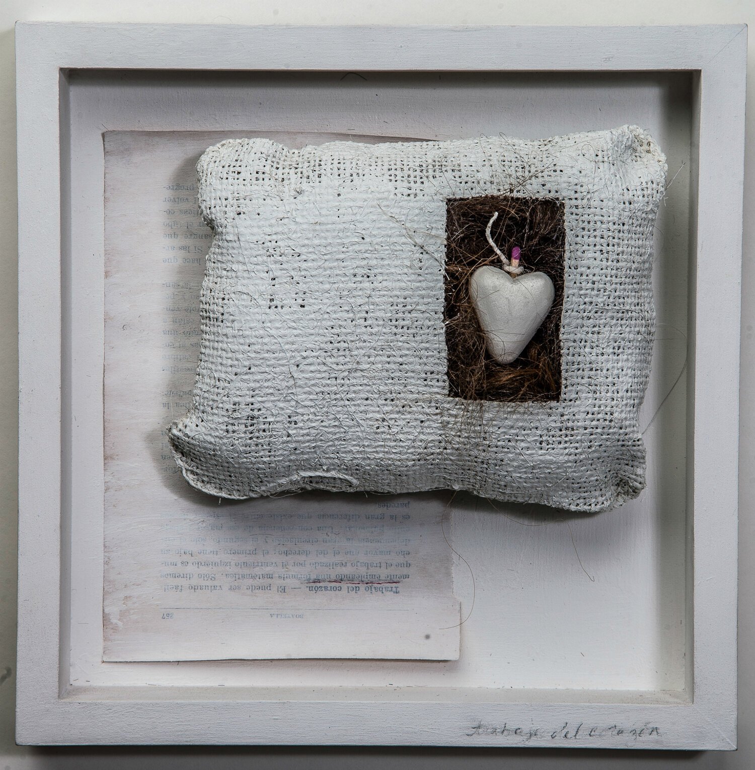 THE WEIGHT, LAVORO DEL CUORE
burlap. gesso, hair, clay, found objects