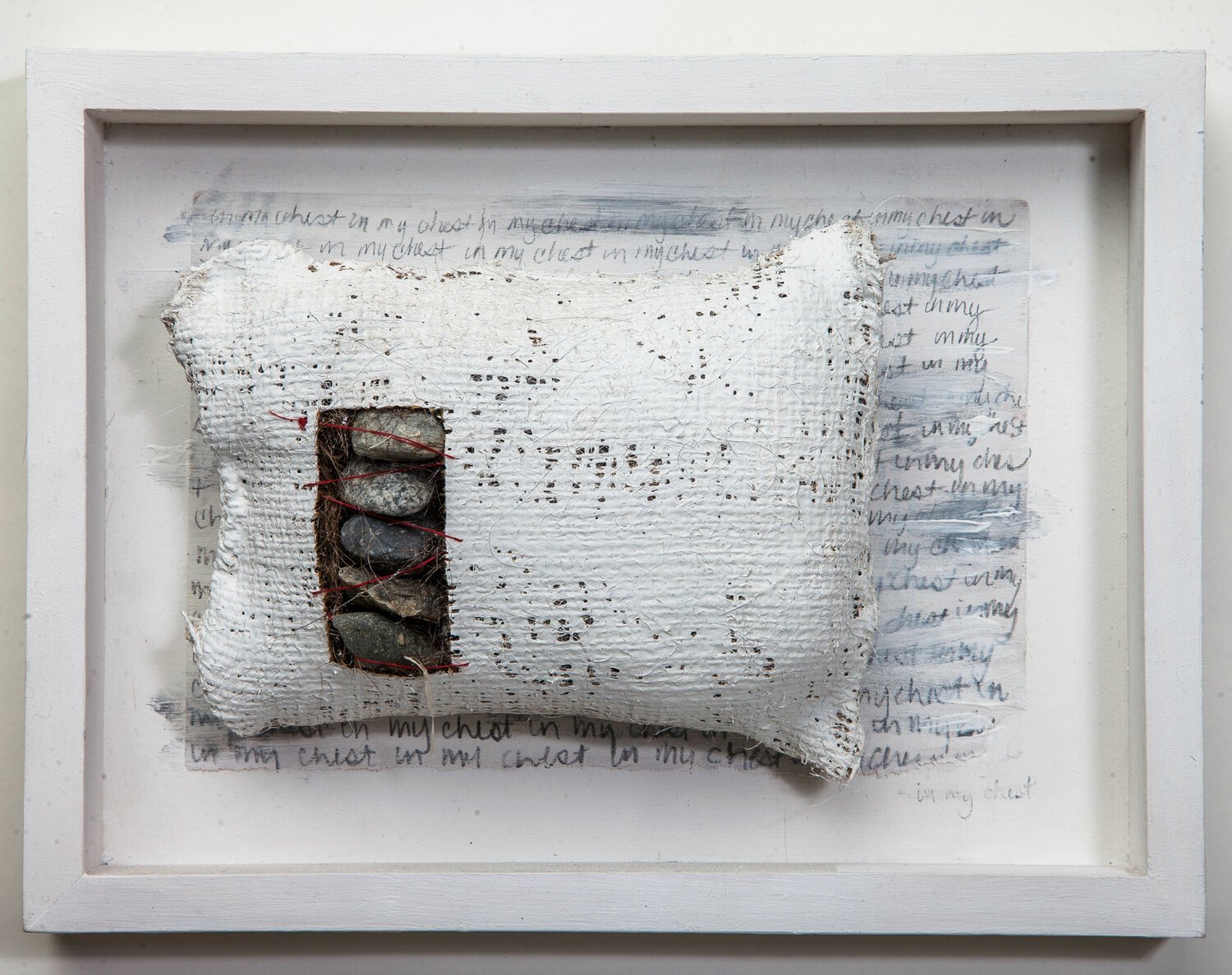 THE WEIGHT, IN MY CHEST
burlap, gesso, thread, graphite, hair