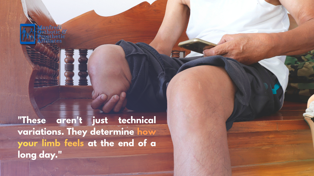 Below-knee prosthetic foot component options displayed at Manfredi O&P in New Jersey