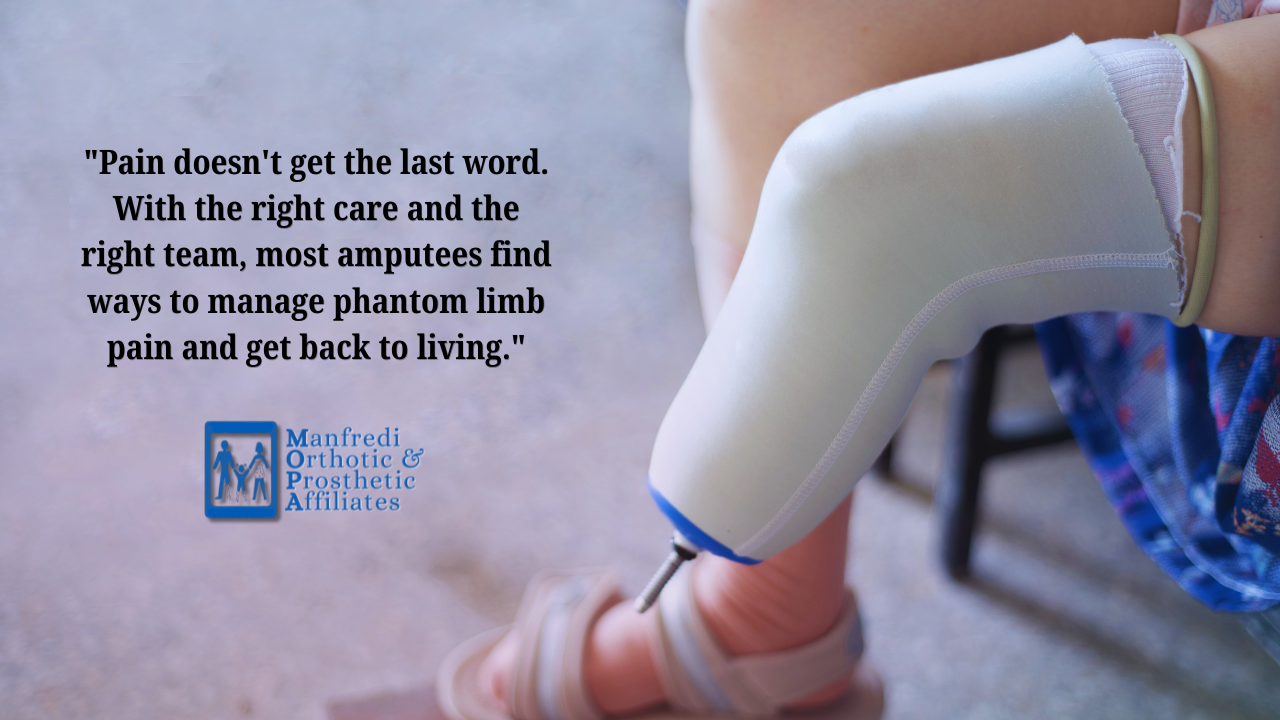Prosthetist checking below-knee prosthetic socket fit to address phantom limb pain at Manfredi O&P