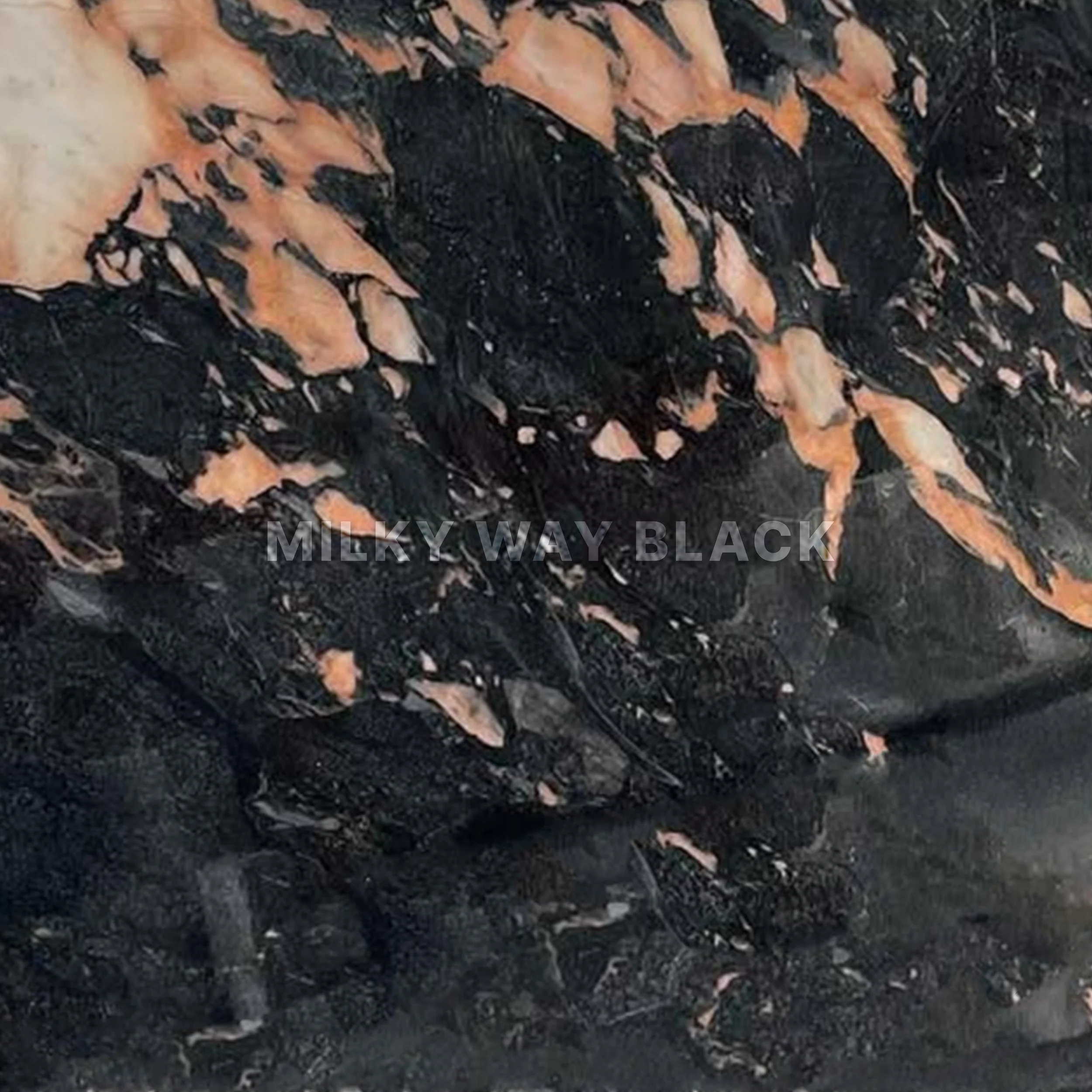 Close-up of a textured surface with black, pink, and peach-colored patterns and the text 'MILKY WAY BLACK' overlaid.