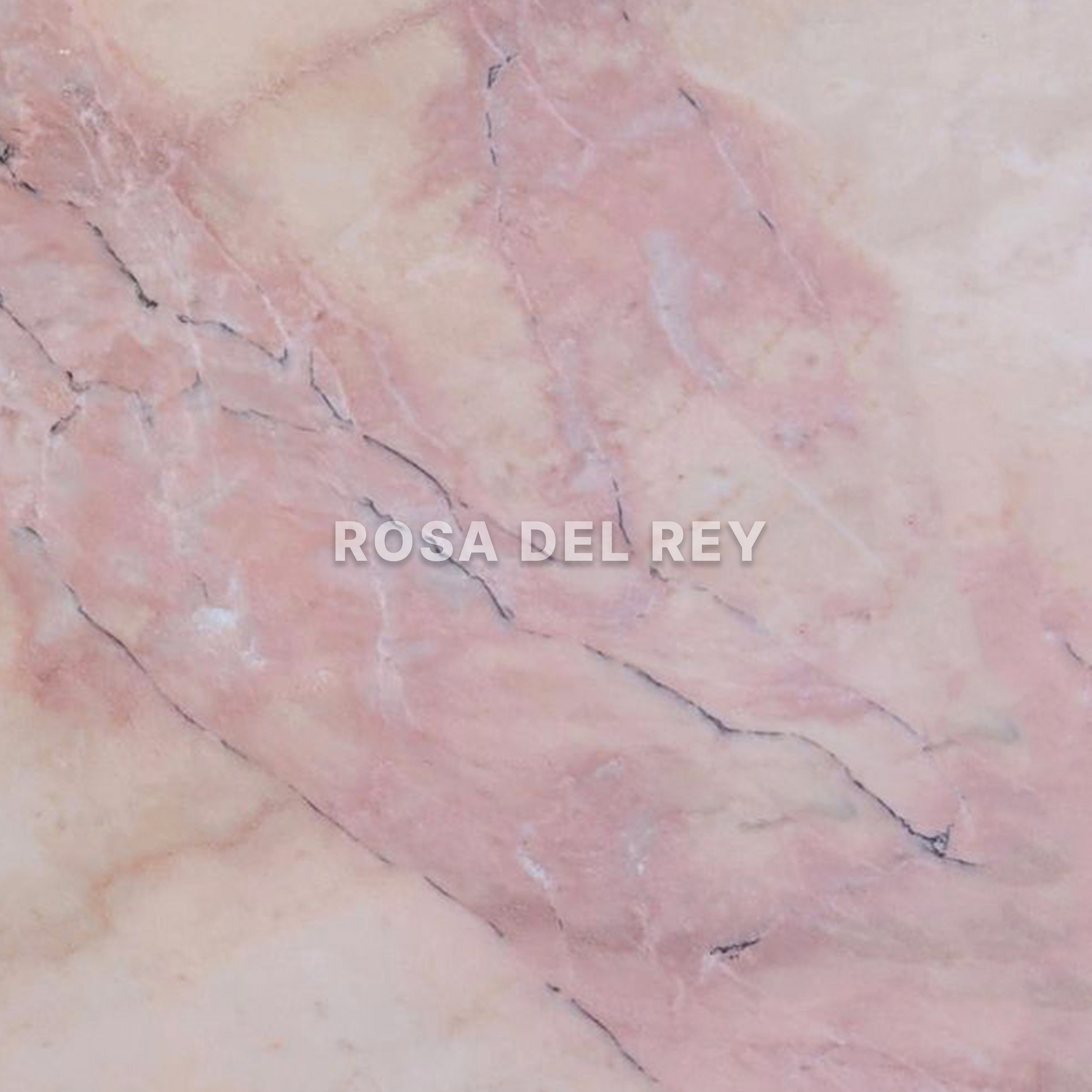 Close-up of rosa portugallo and beige marble stone surface with dark veins, labeled 'ROSA DEL REY' or 'ROSA AURORA'