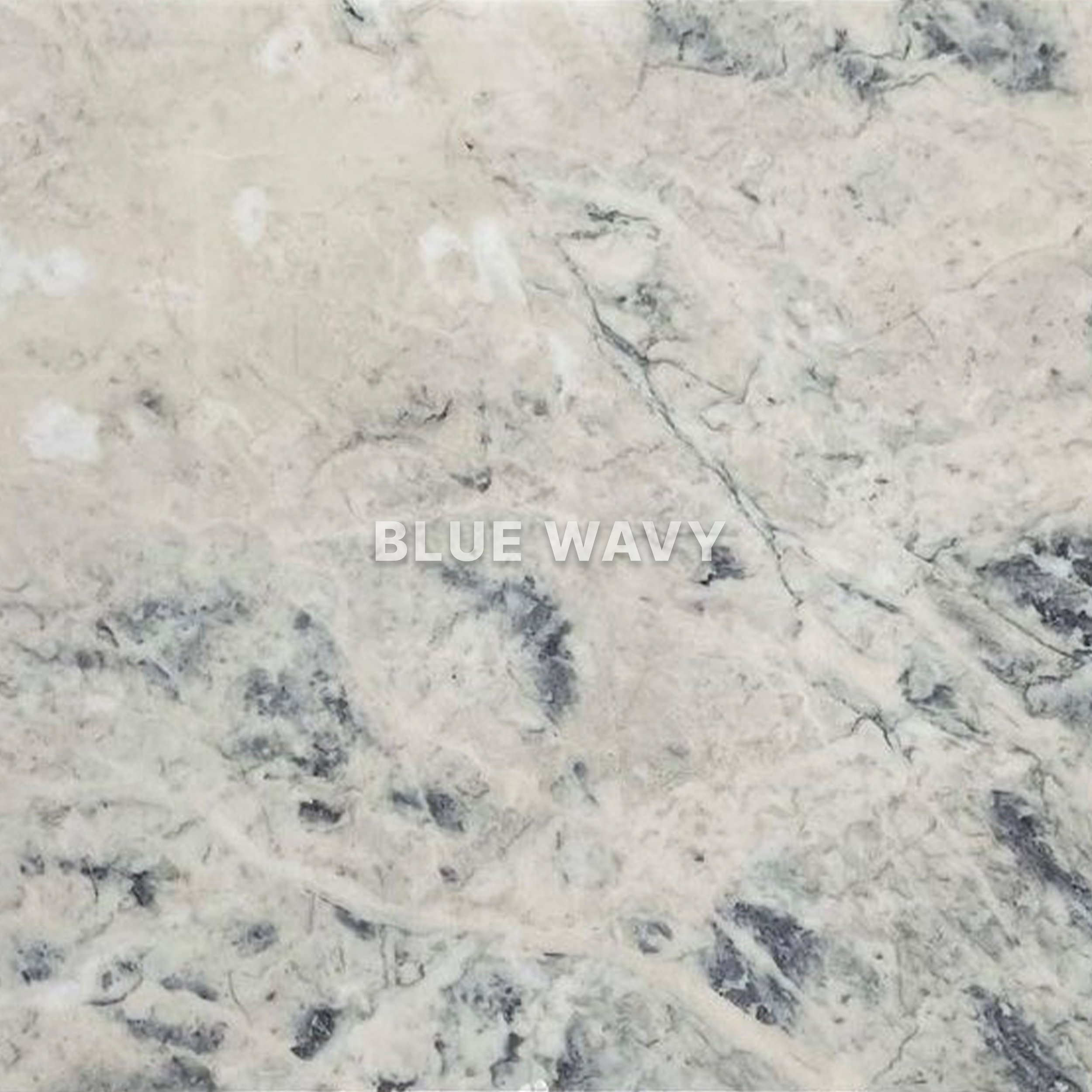 Close-up of a light-colored marble surface with gray veining, labeled 'Blue Wavy'.