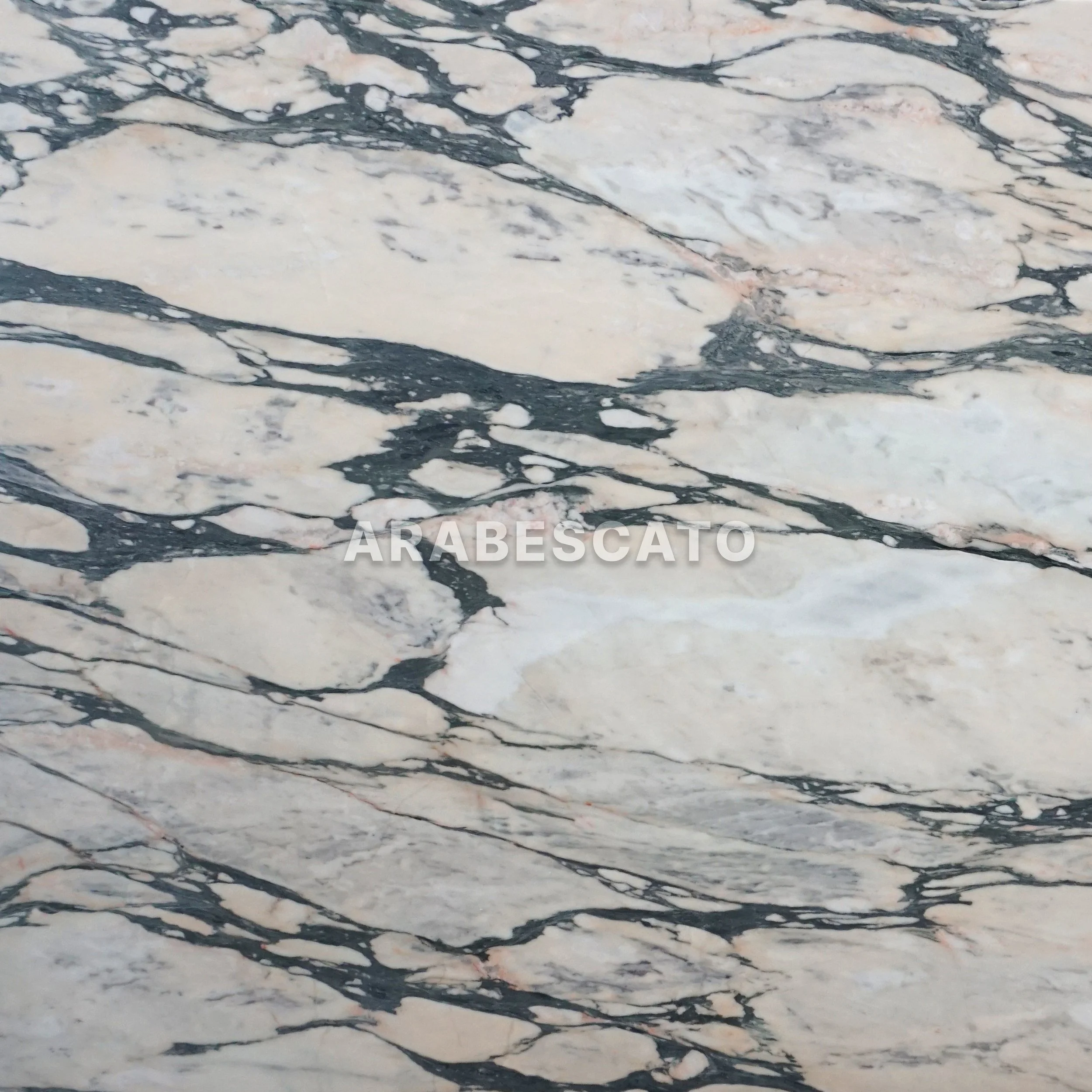 Close-up of marble surface with cream-colored base and dark gray veining