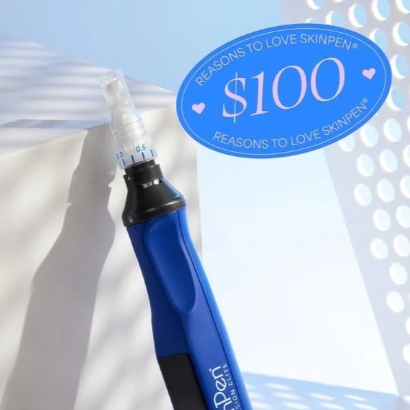 A blue SkinPen device with a needle tip, positioned on a white surface, with a blue sticker displaying '$100' and the message 'REASONS TO LOVE SKINPEN'.