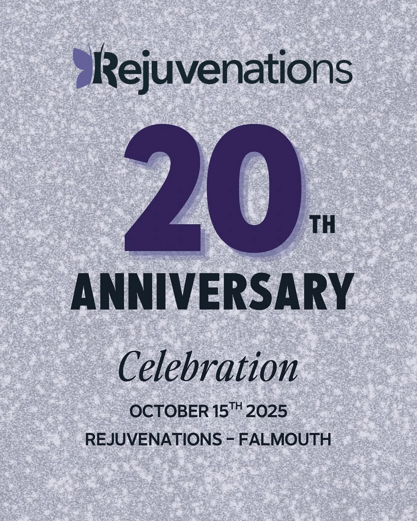 🎉 You&rsquo;re invited!

Join us for an unforgettable evening as we celebrate 20 Years of Beauty at Rejuvenations 🦋

🗓 Wenesday, October 15th
📍 Falmouth location - 240 US Route 1 
🕦4:30 - 7pm
⏳ Space is limited - RSVP 

Enjoy:
💫 Treatment demos