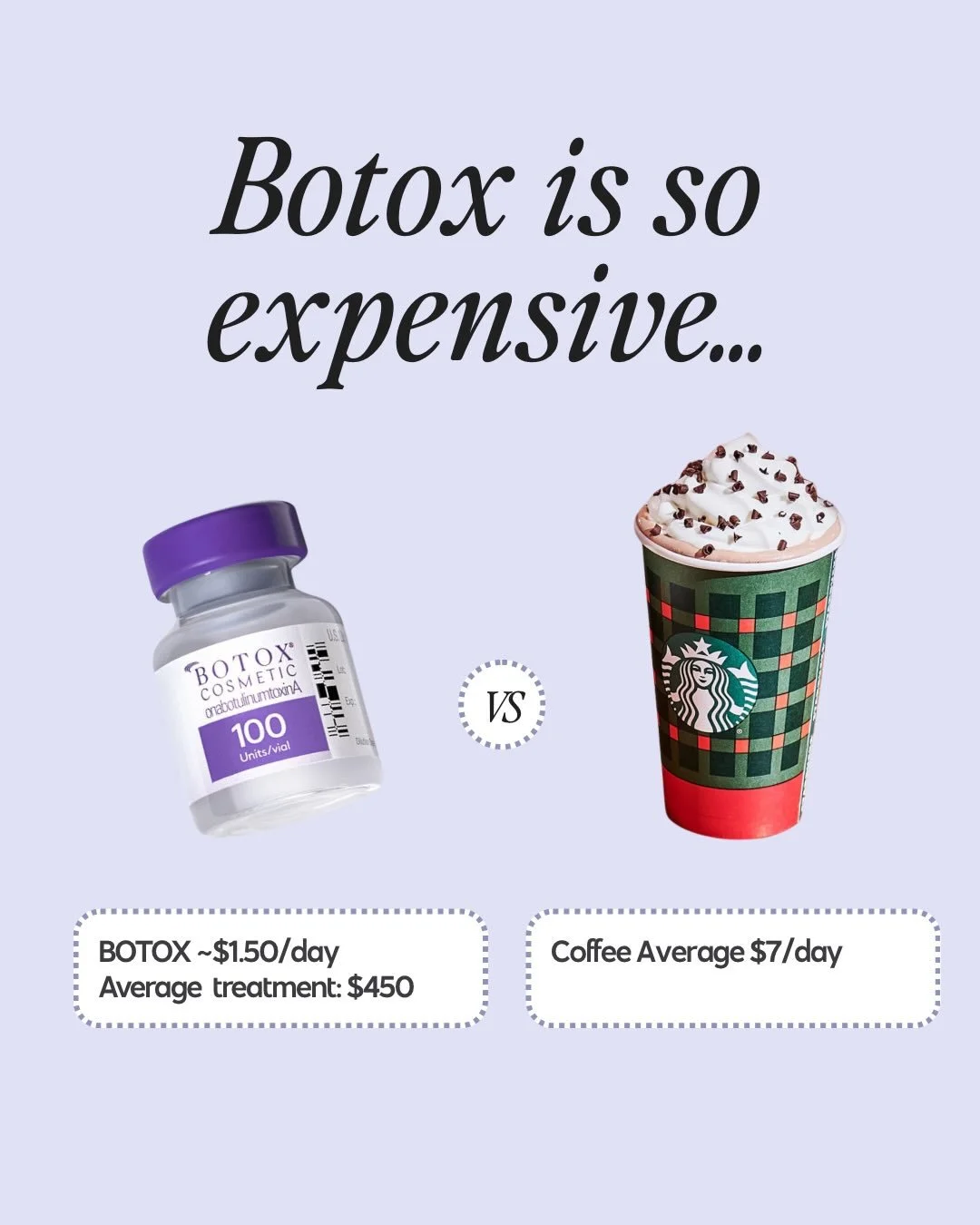 💬 Think beauty maintenance is too expensive right now? Let&rsquo;s break it down together. You might be surprised how affordable your favorite treatments really are - especially when you look at the cost per day 👇

👉 BOTOX- ~$1.50/day
&bull; Avera