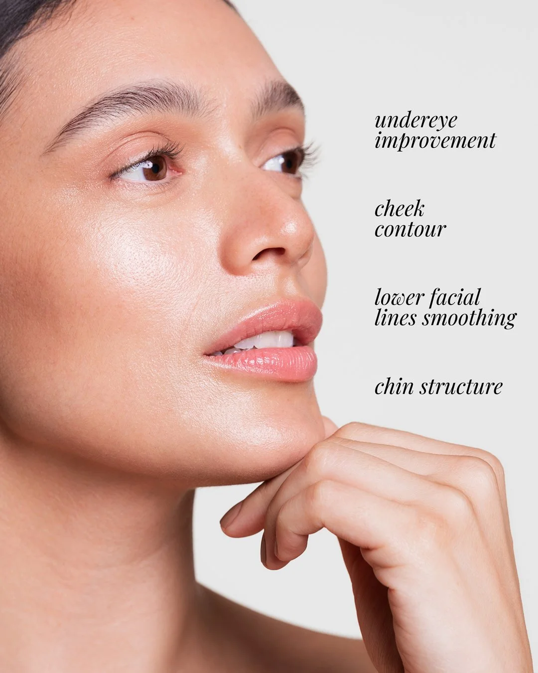 Close-up of a woman's face with annotations pointing to features like under-eye improvement, cheek contour, lower facial lines smoothing, and chin structure.