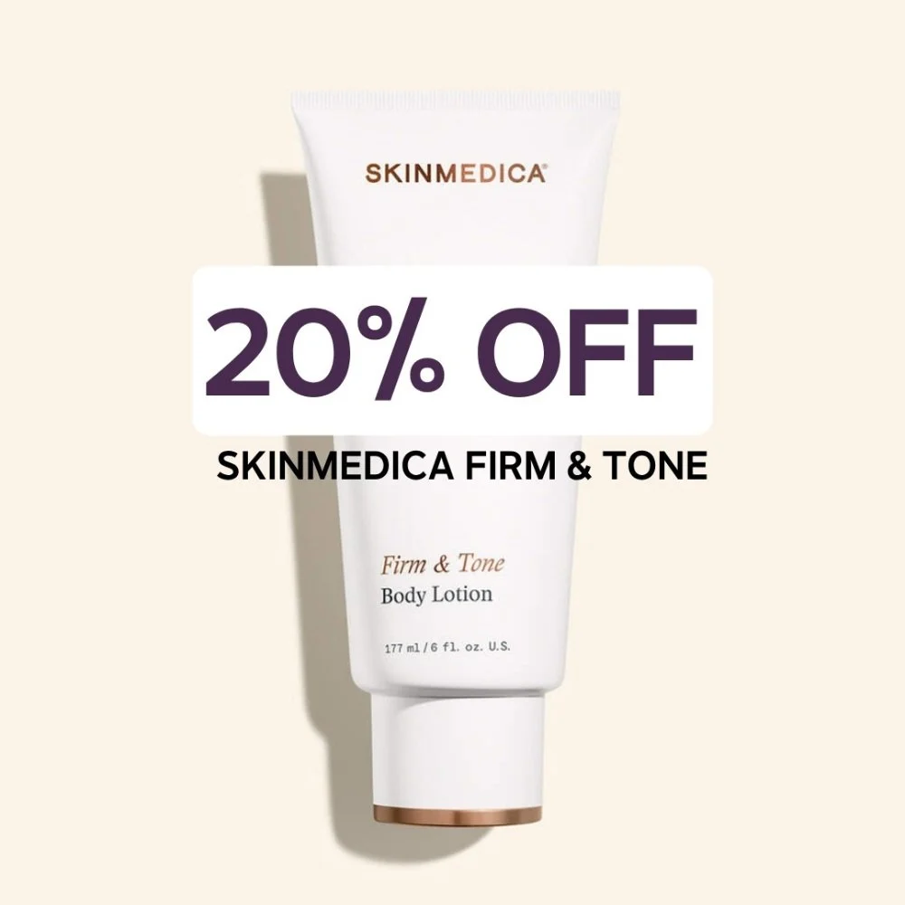 A tube of SKINMEDICA Firm & Tone Body Lotion on a light background with promotional text offering 20% off.