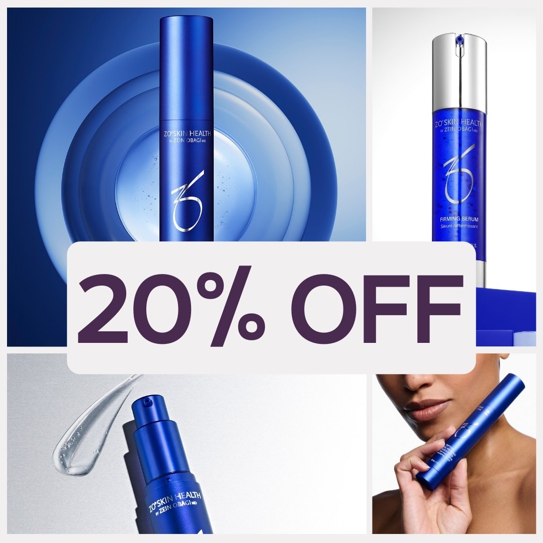 Collage of blue skincare products including serum bottles, with a prominent white overlay displaying '20% OFF'