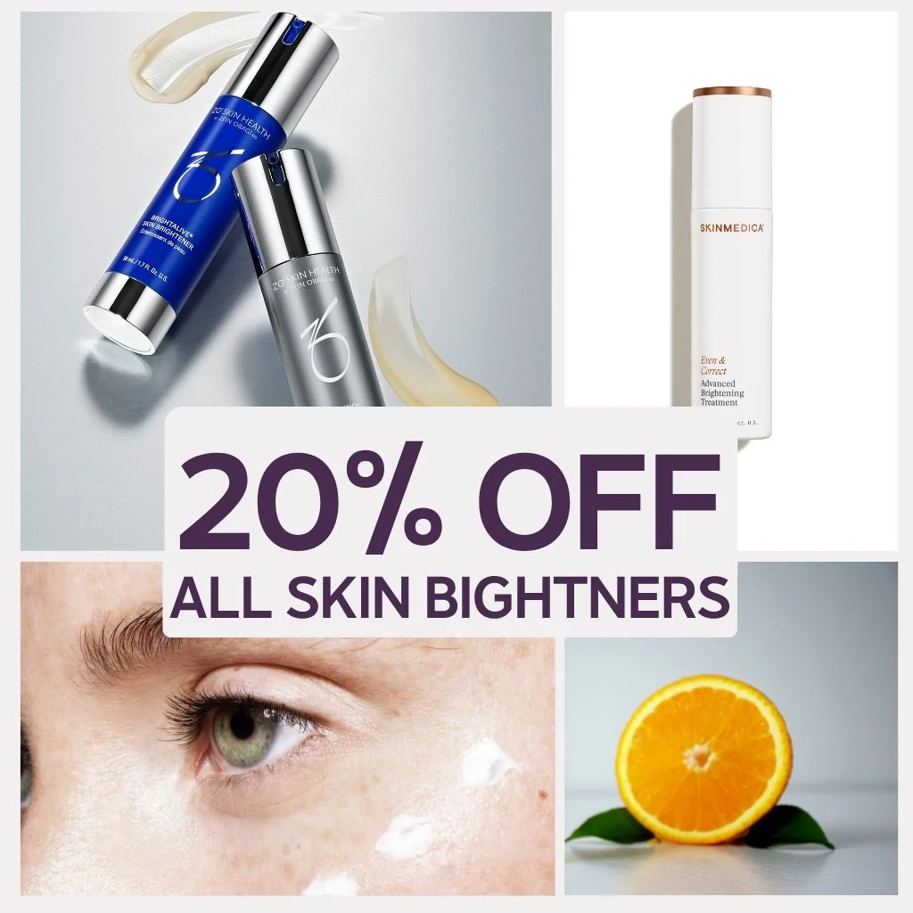 A promotional image advertising 20% off on all skin brightening products. The image features skincare bottles, an orange slice, and a close-up of a person's eye with skincare cream on the skin.