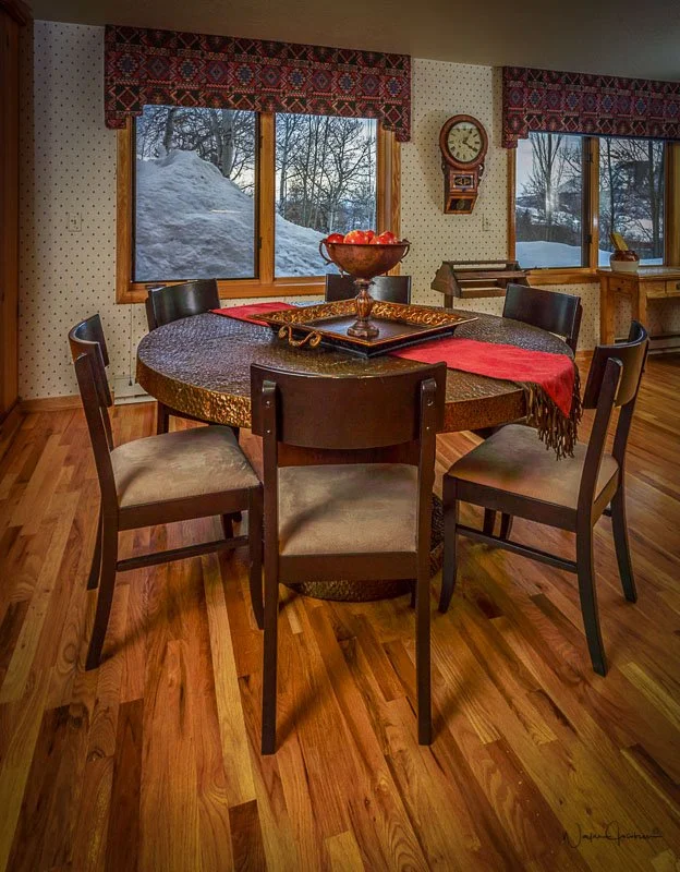 Hammered copper table in the main prep area at La Joya Dulce, an outdoor destination wedding venue near Denver, Colorado.