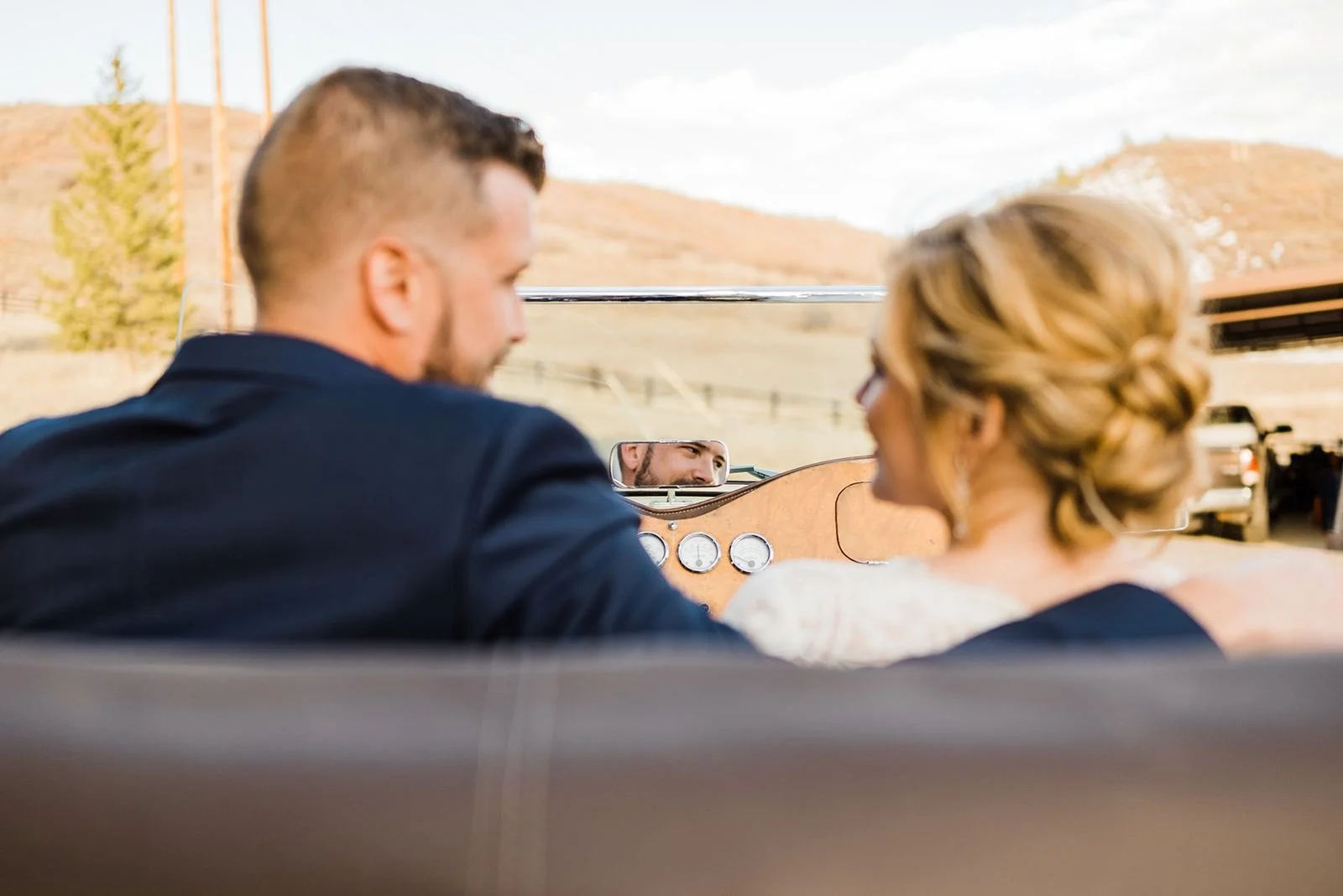 Bride groom vintage car winter elopement Denver La Joya Dulce