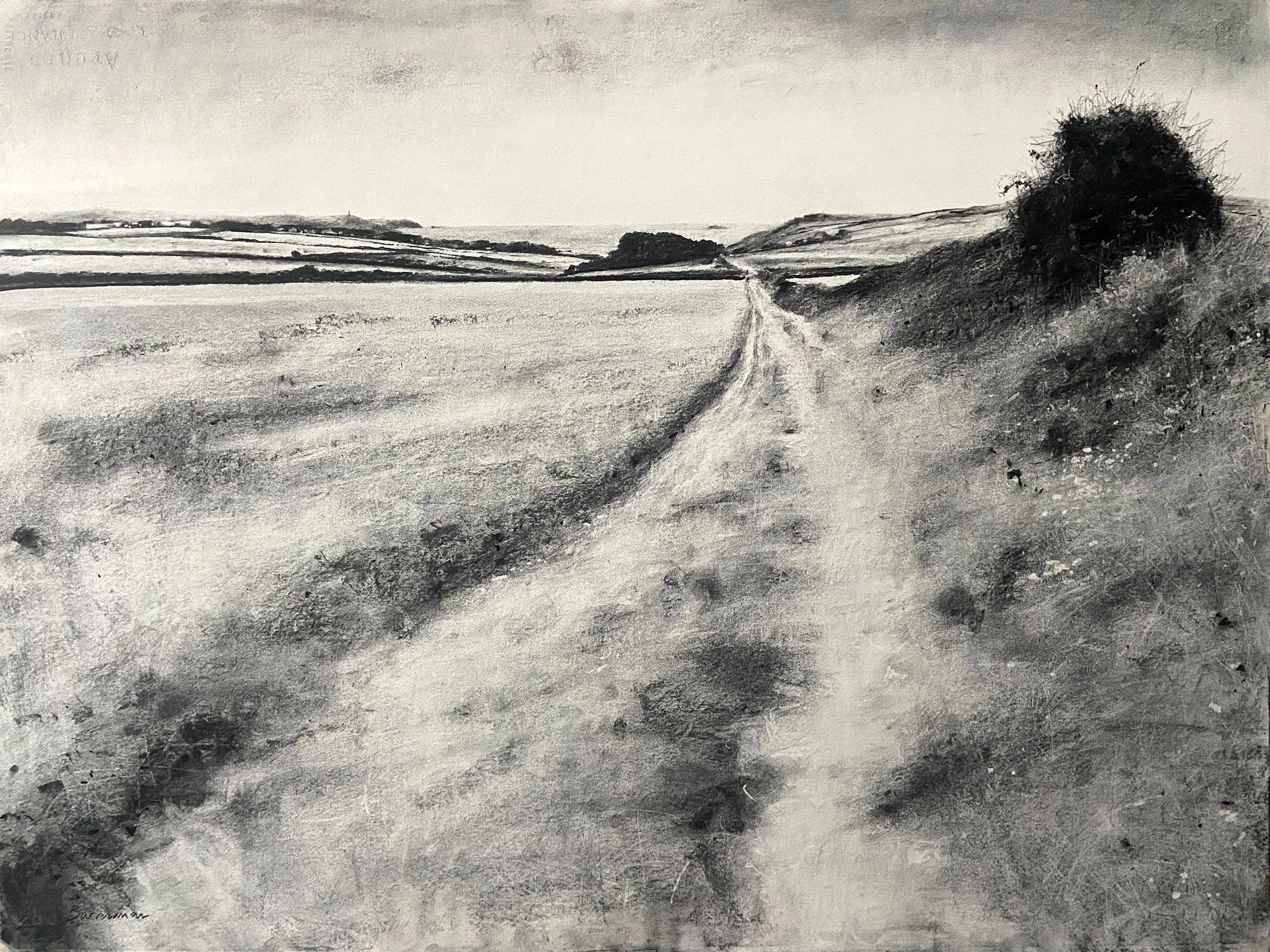 Track to Polzeath from Pentireglaze - charcoal on paper 2025