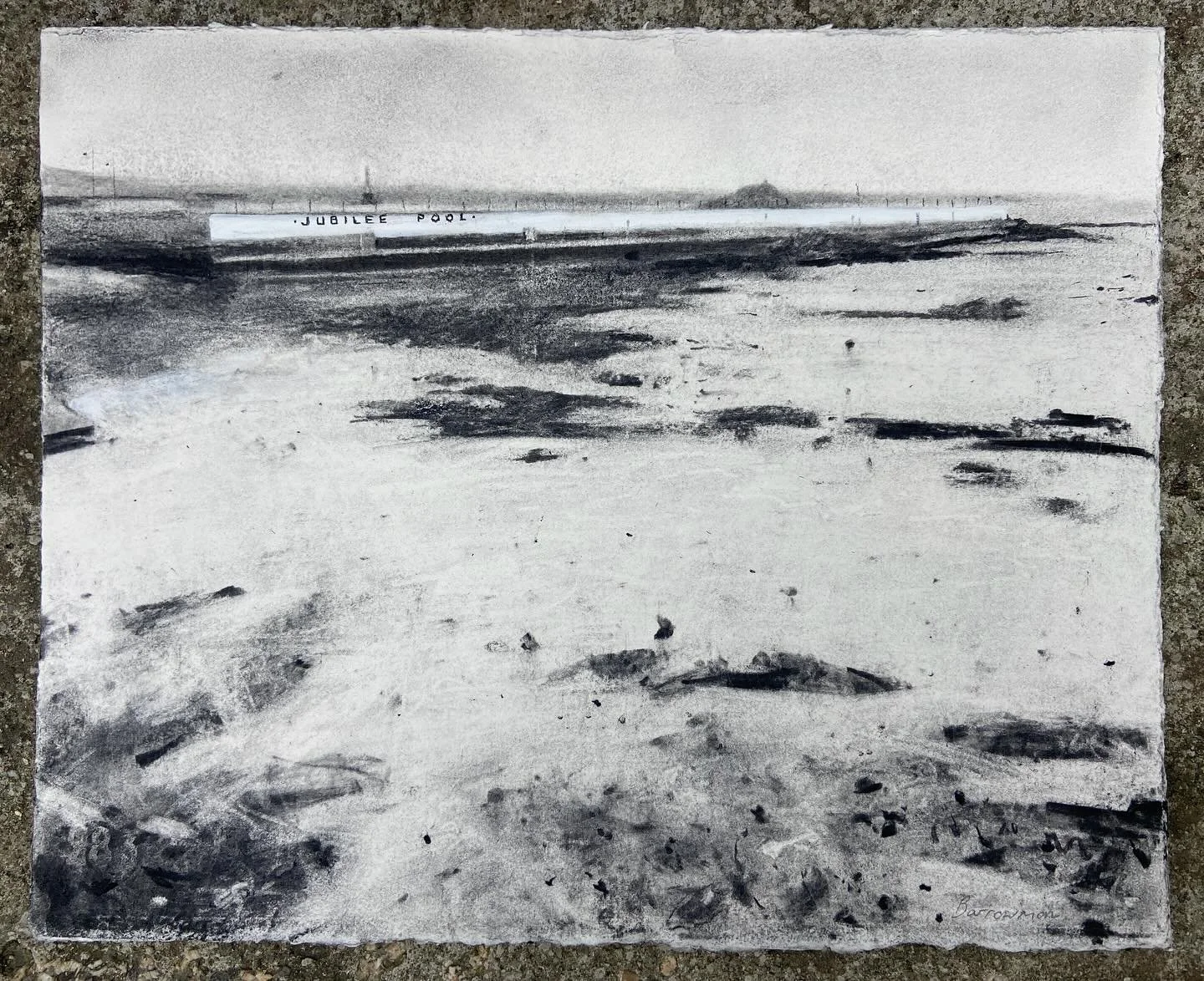 Jubilee Pool on a grey day 
Charcoal and casein on paper 35 cm x 29cm
.
I included a picture of the plein air sketch (swipe to see) that gave me the idea of for the drawing.
.
#charcoaldrawings #charcoalonpaper #drawingonpaper #drawings #drawing #jub