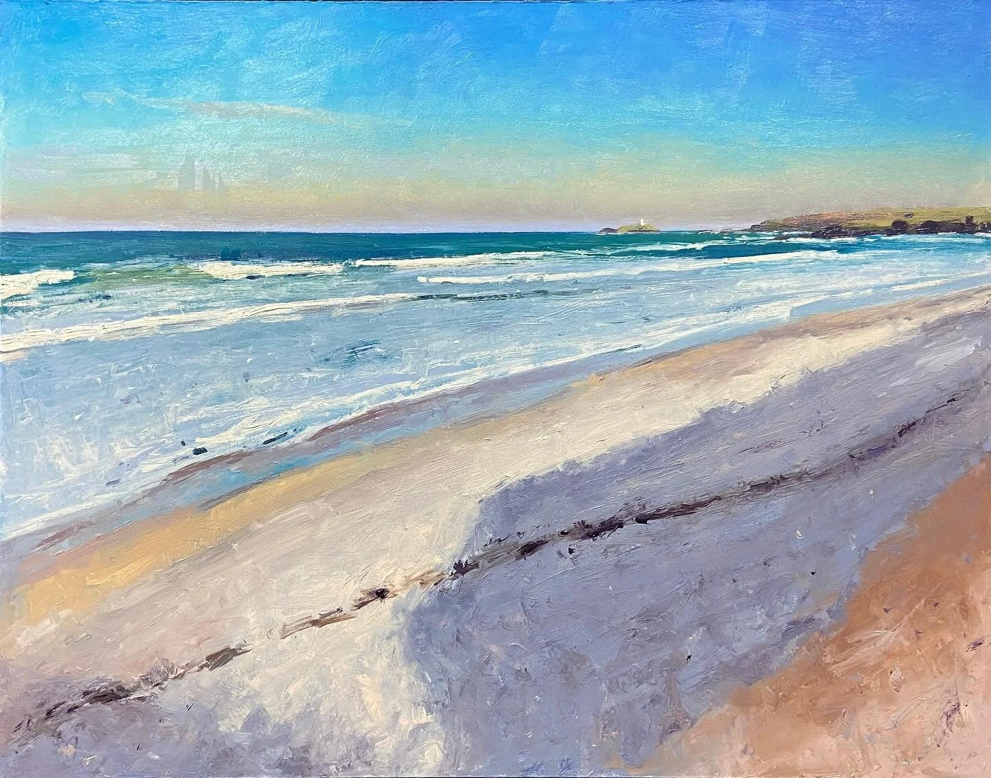 Morning light, Gwithian
Oil on board 47cm x 37cm
.
Began this as a demo in acrylics at Solihull Society of Arts, finished today in oils - in the studio. Great fun 🤩 
.
#painting #paintings #paintingoftheday #artistic #krowji #andrewbarrowman #gwithi