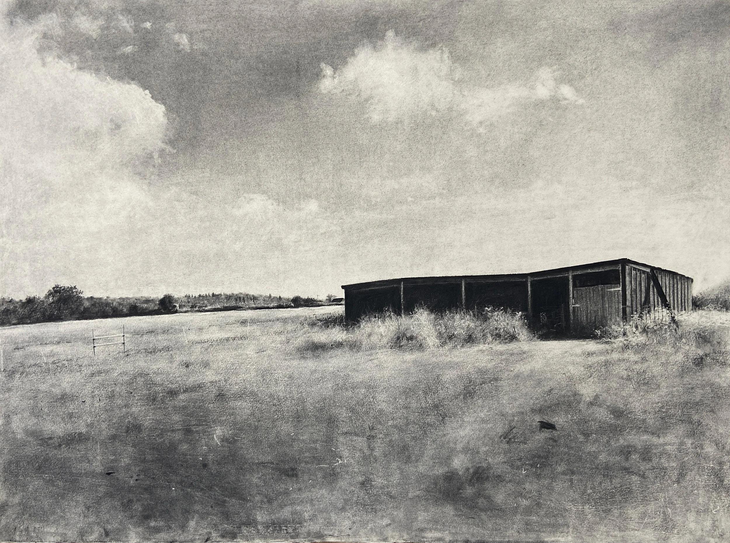 Farm shed in the landscape -
Charcoal on paper 2025