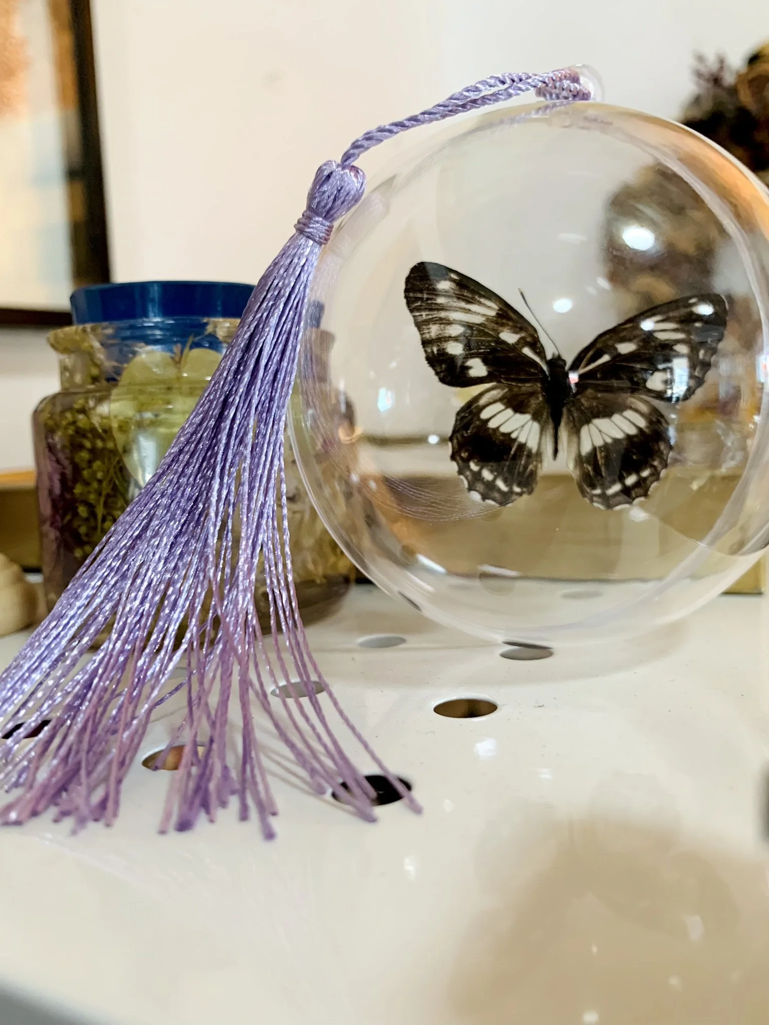 Butterfly Globes with Golden Tan Tassel- Real Pinned Butterfly Specimen Art