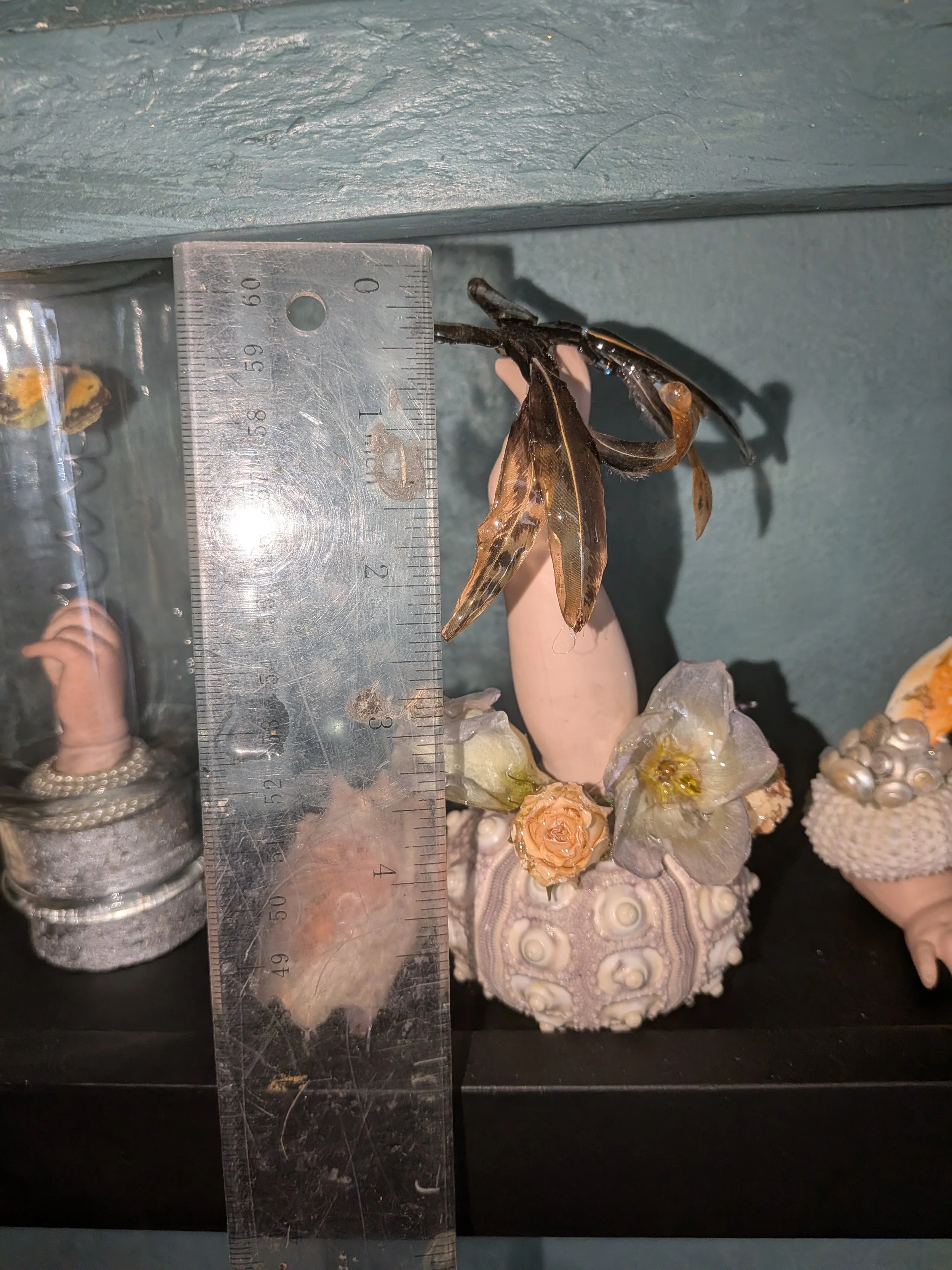 OOAK Mixed Media Butterfly & Sea Urchin Art Assemblage- Creepy Cute Doll Hand Sculpture