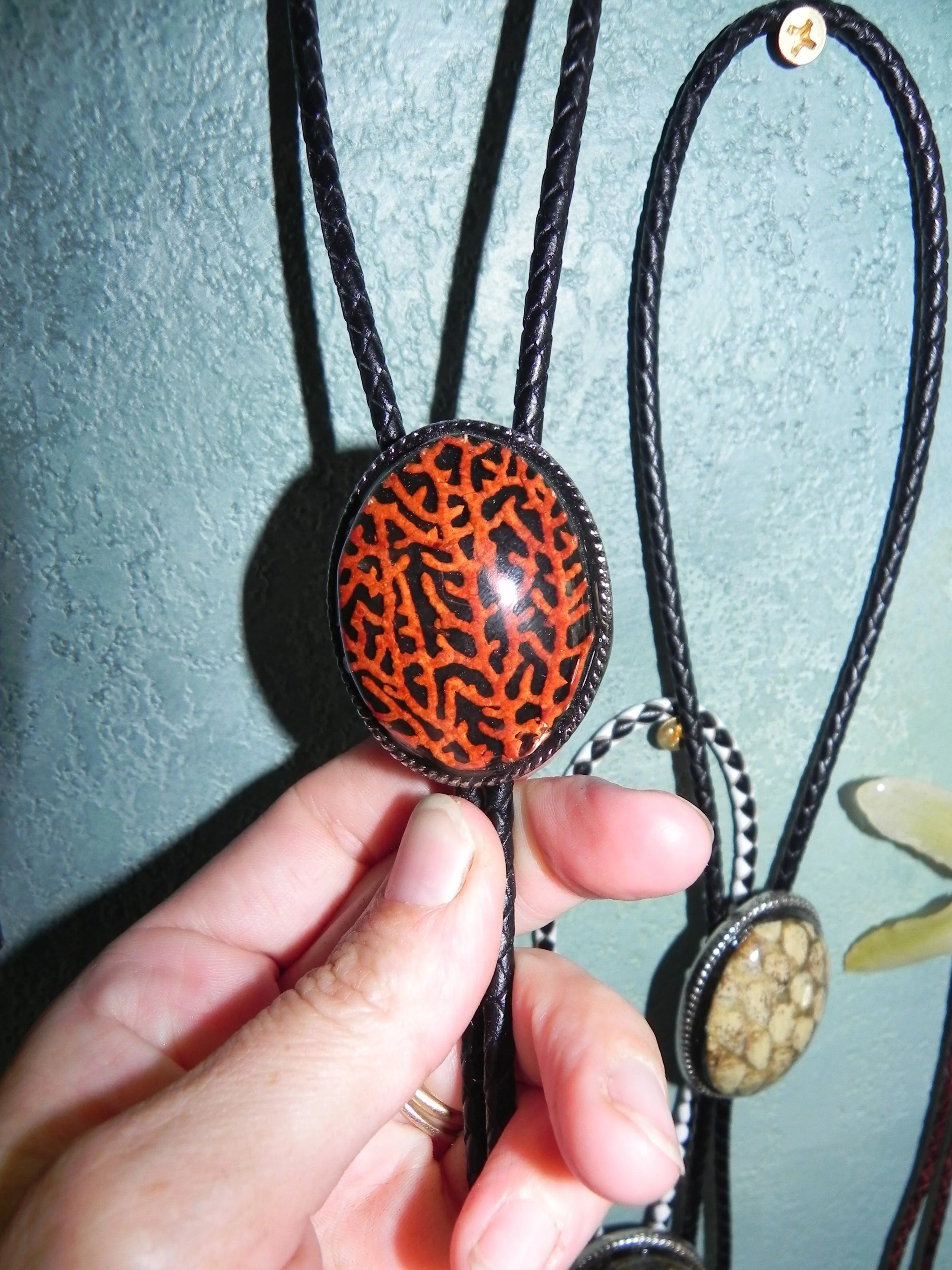 Sea Fan Bolo Tie, Black Leather Cord & Silver Tips