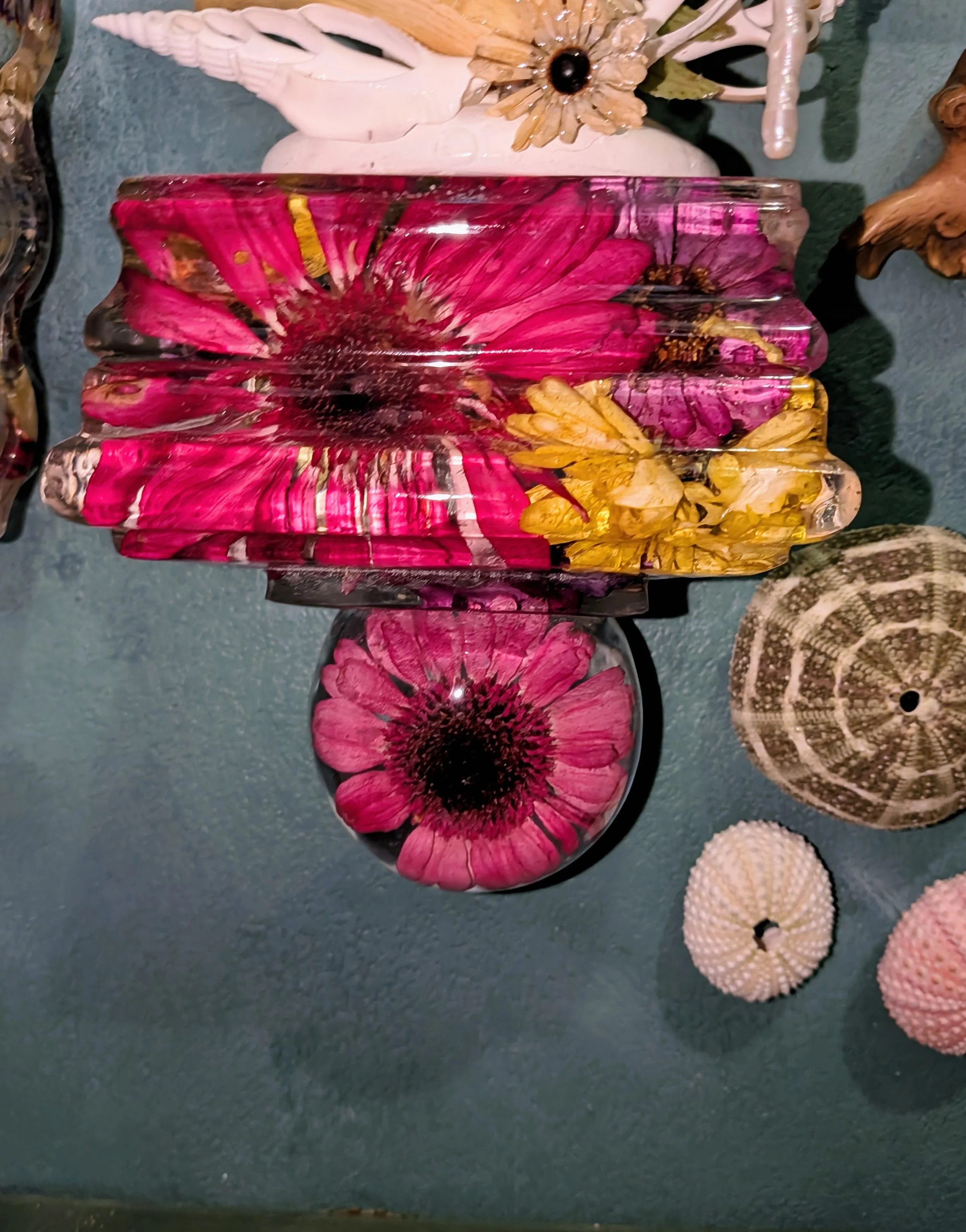 Pink Daisy & Yellow Flower Mini Shelf - Real Flower Art Block Shelf!