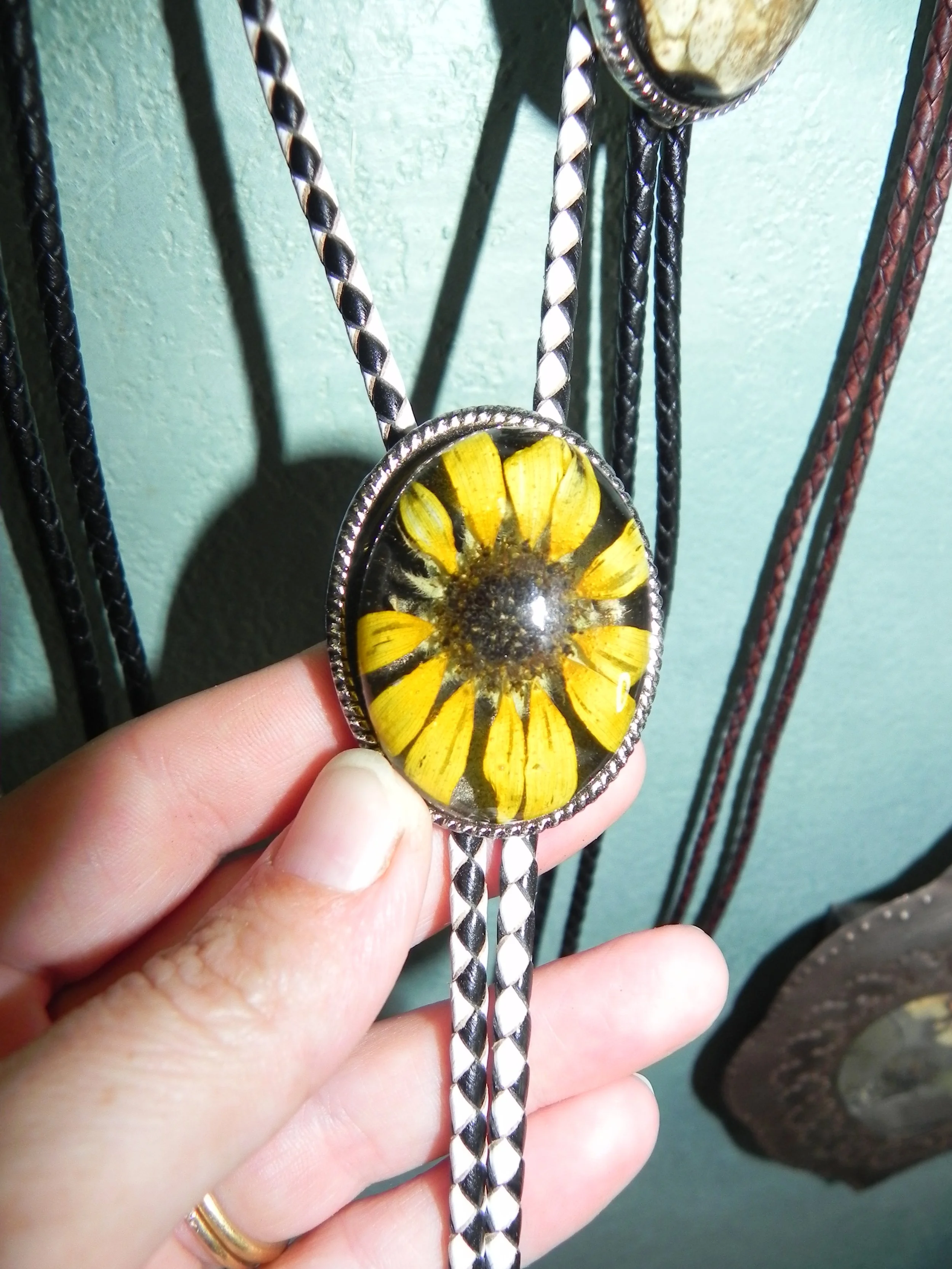 Texas Yellow Sunflower Bolo, Black & White Leather Cord