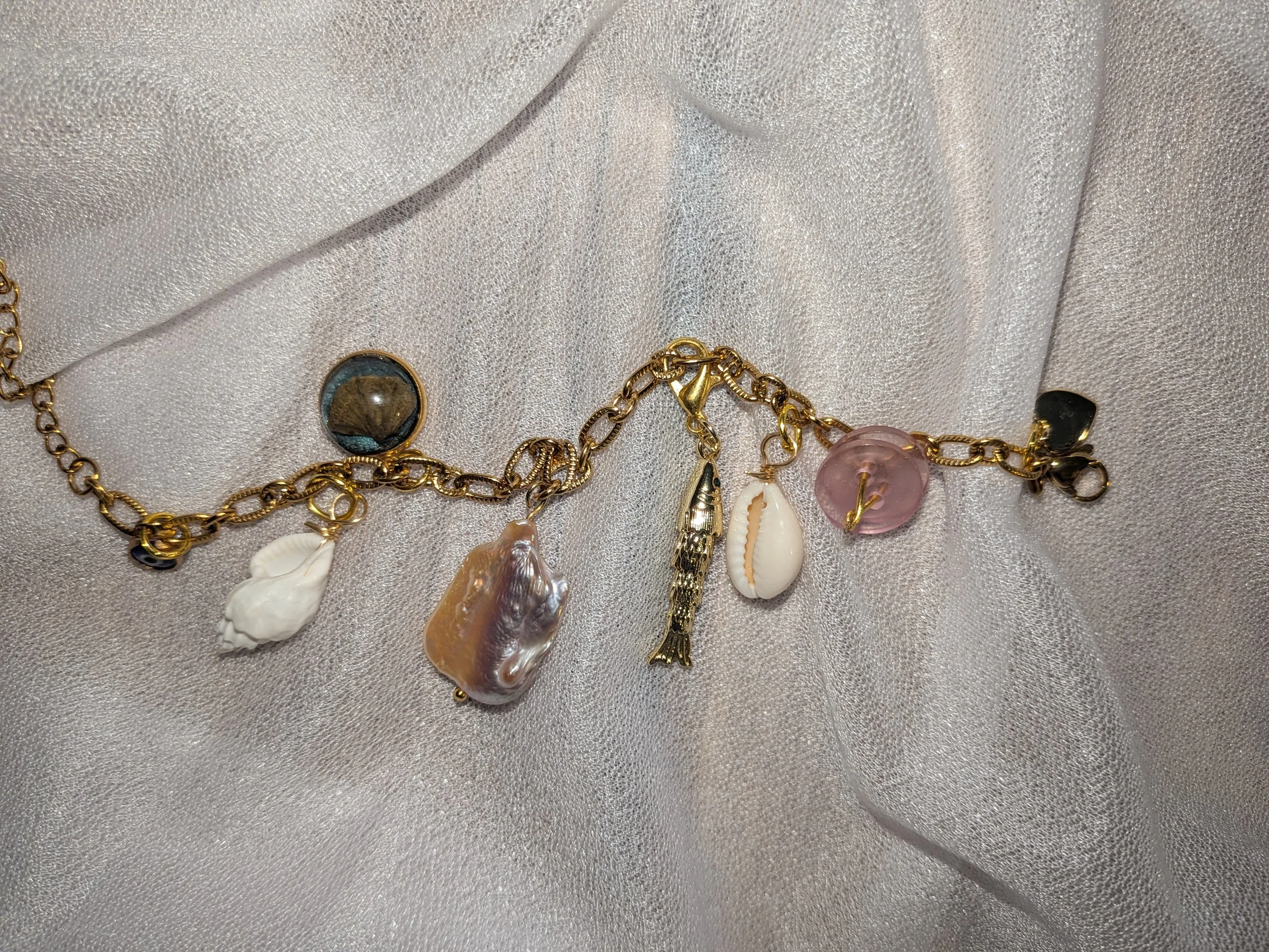 Gone Fishin' - Gold Charm Bracelet- Pearl & Whimsical Charms