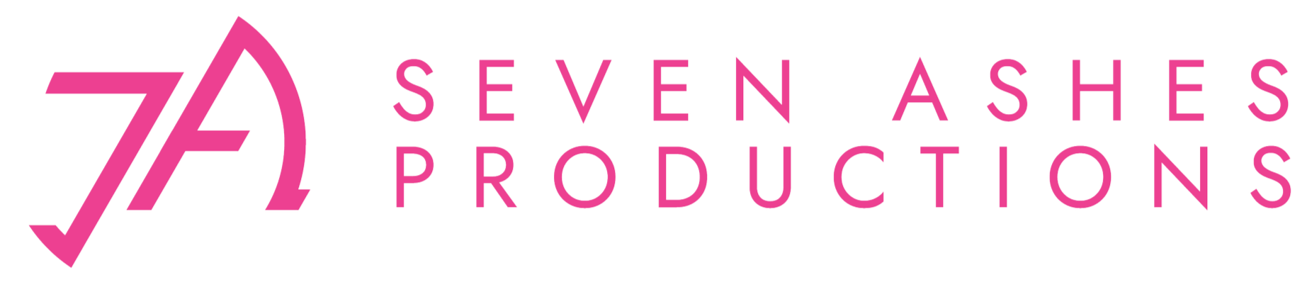 Logo for Seven Ashes Productions in pink with a stylized '7A' and the company name written out.