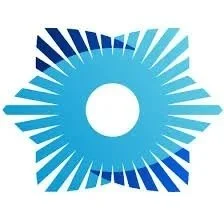 Abstract blue and navy circular geometric design with radiating lines and a central hole