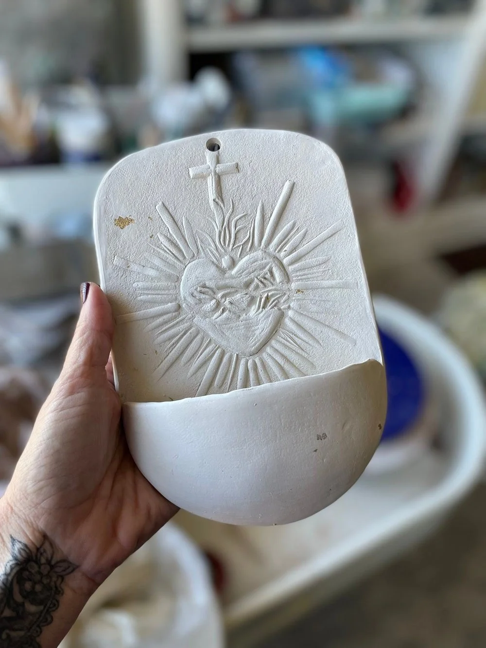 Handmade Sacred Heart Holy Water Font – Ceramic Catholic Decor