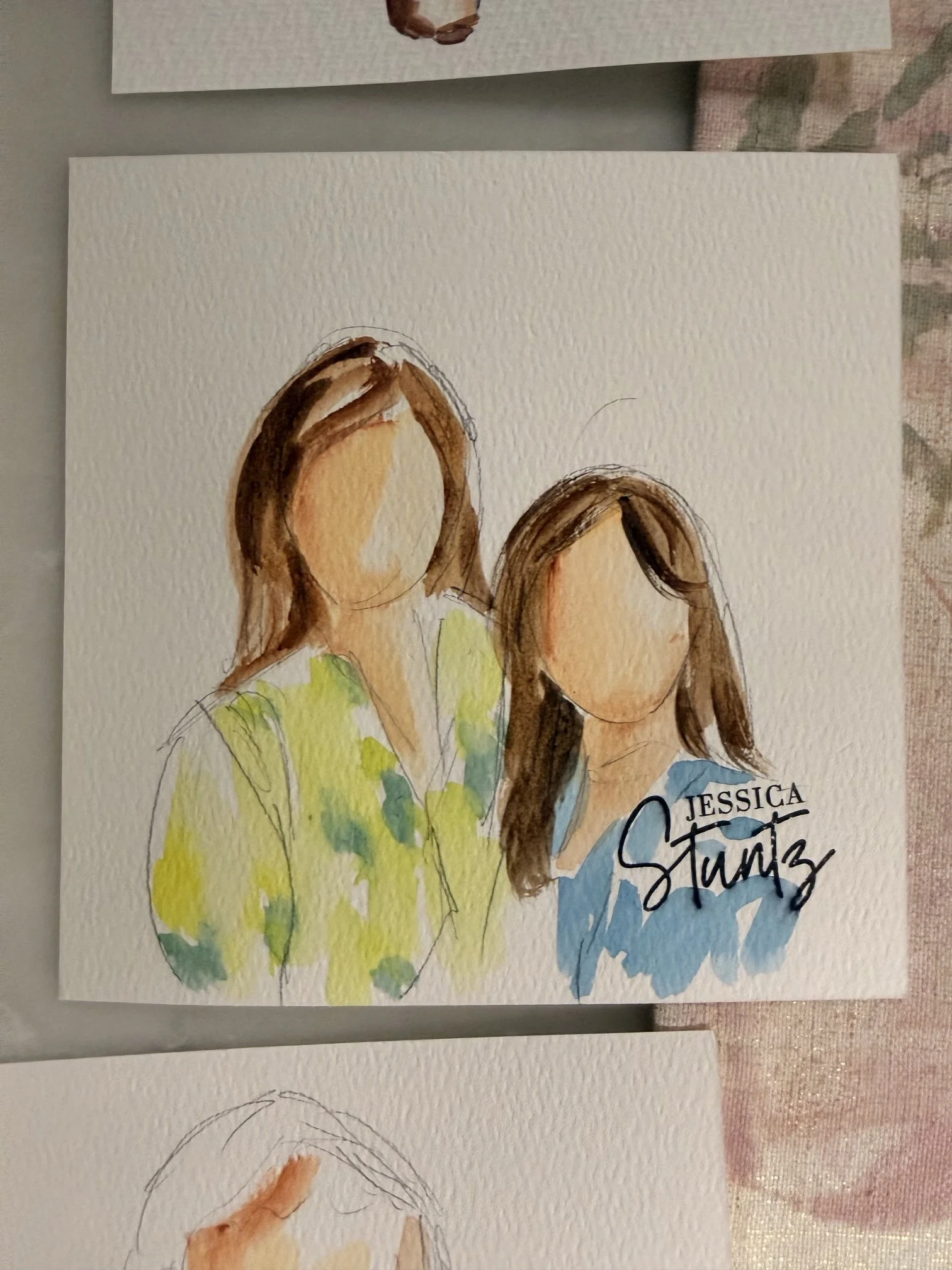 Live watercolor guest portrait of two women in a loose, whimsical style by Louisiana wedding painter Jessica Stuntz