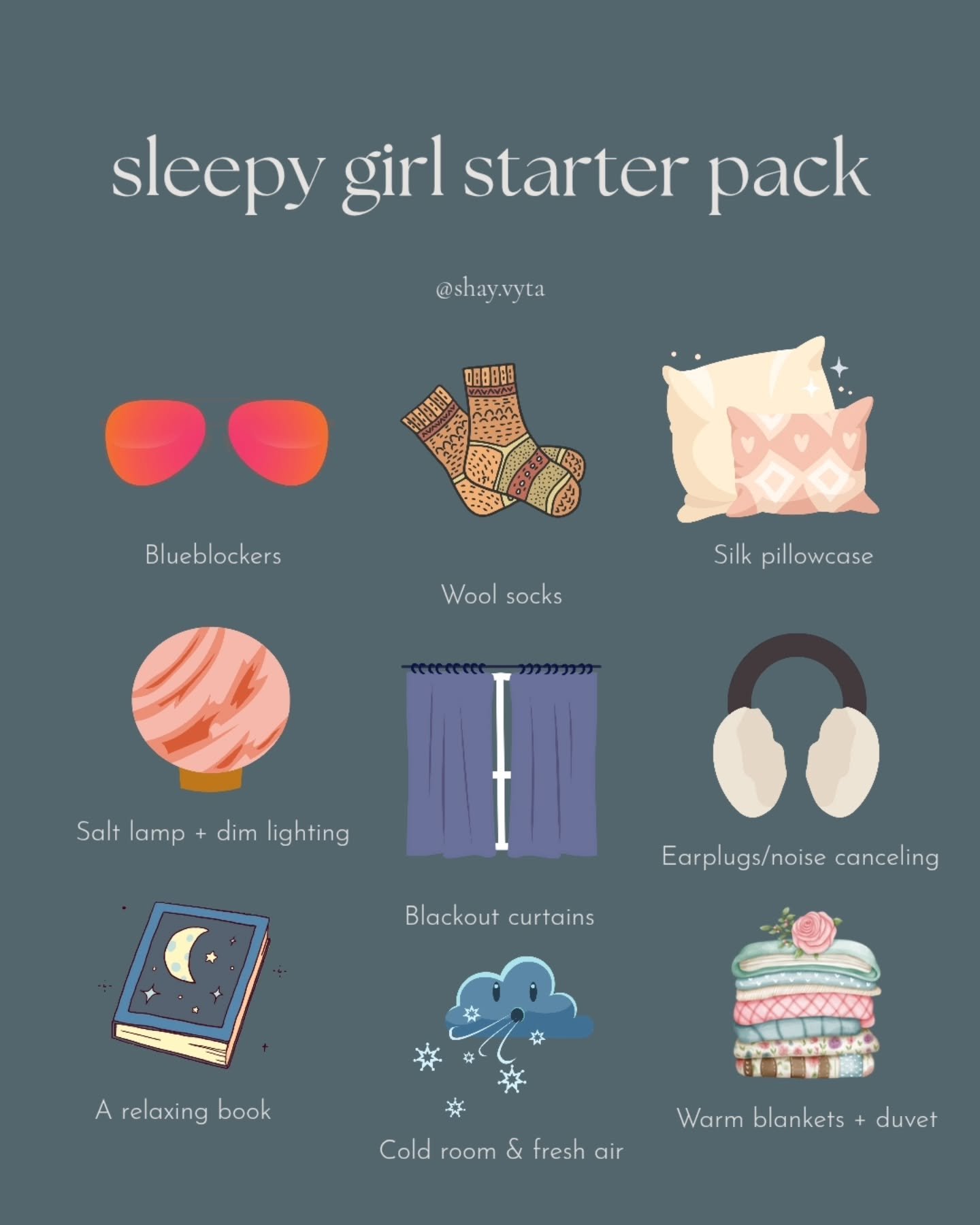 I made a cute graphic for you of my favourite bedtime essentials. The only one that is optional for me is earplugs!

🕶 Red blueblocker glasses &ndash; block stimulating (blue) light so melatonin can rise naturally. I put them on to read with my ambe
