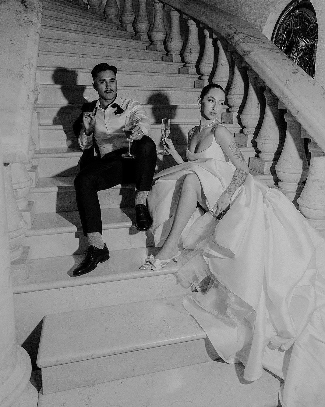 Right before Z switched into her party dress, we snuck a few moments to play on the stairs! Some funky flash, a side light off of @andreakyton &lsquo;s iPhone and BOOM. We channeled our best Vogue emulation to create these shots 😍🤗⁠
⁠
Photography: 