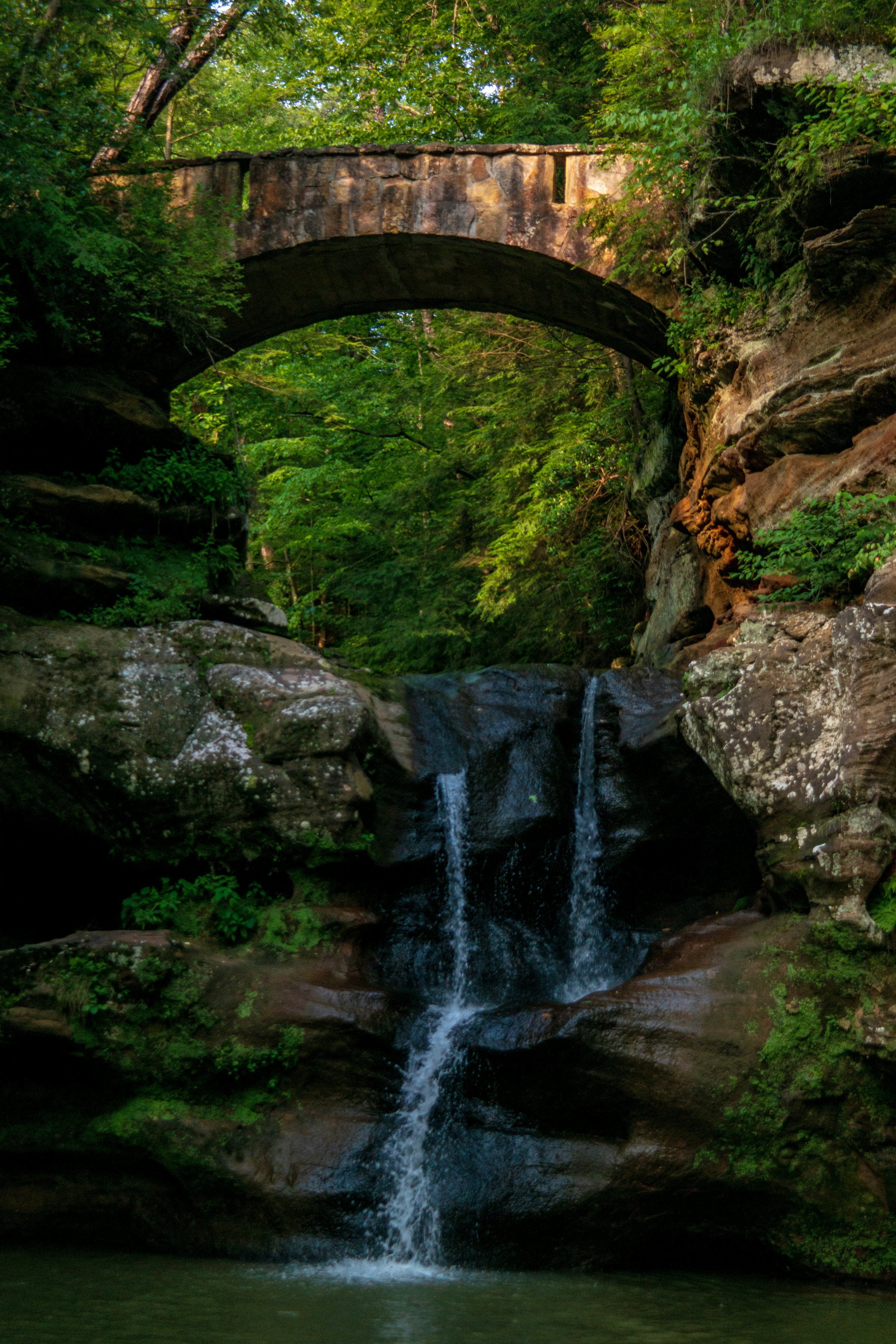 A stone bridge arches over a small waterfall in a lush green forest.