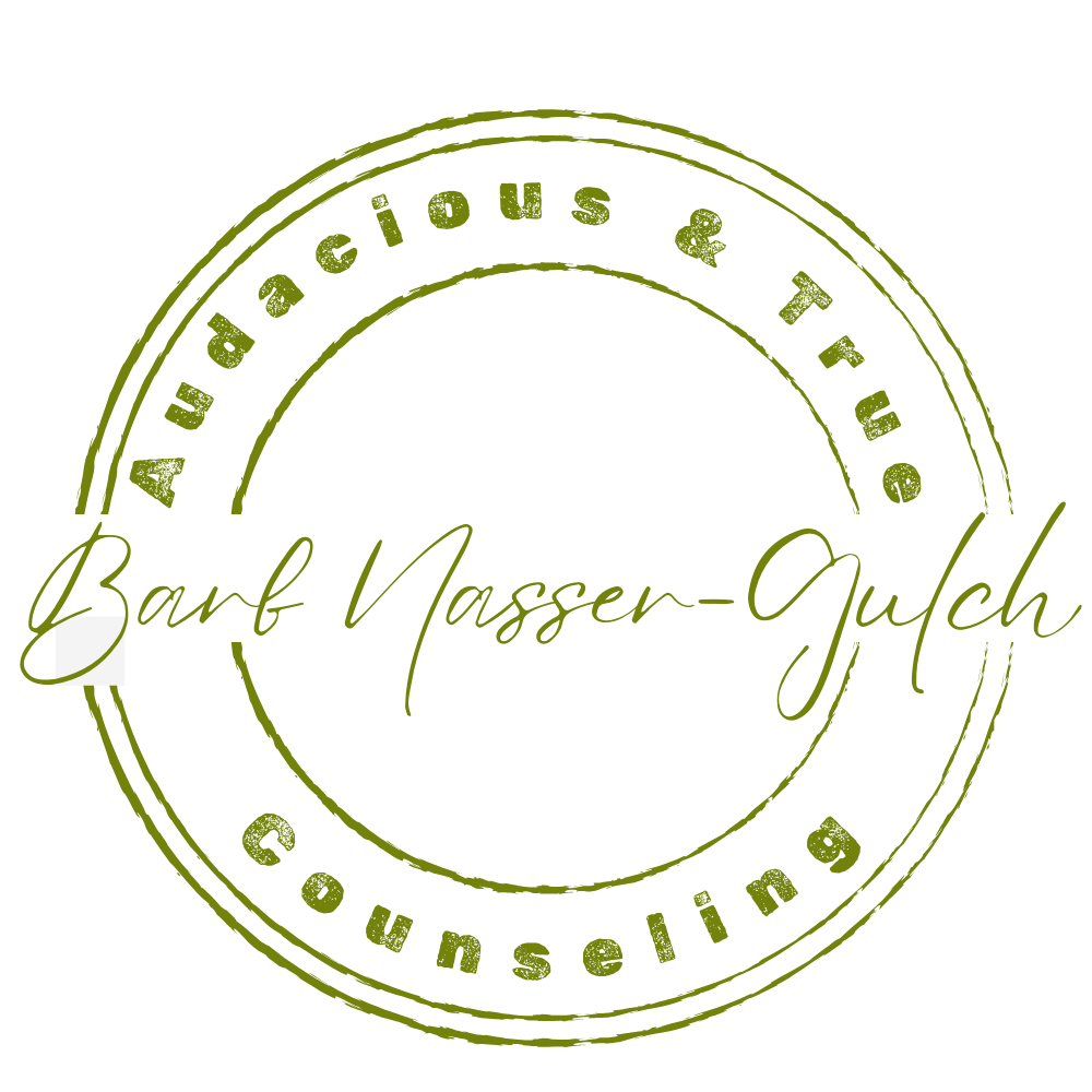 Circular stamp-style logo with the words Audacious & True Counseling around the outside and Barb Nasser-Gulch in script across the middle