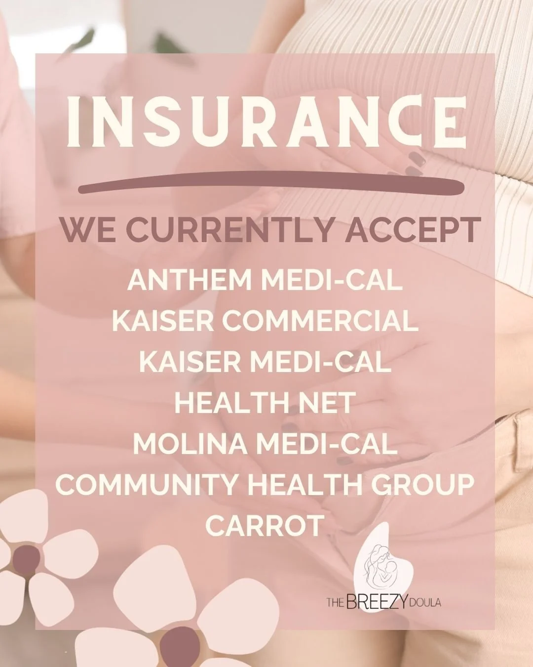 A graphic listing insurance that is accepted by The Breezy Doula.