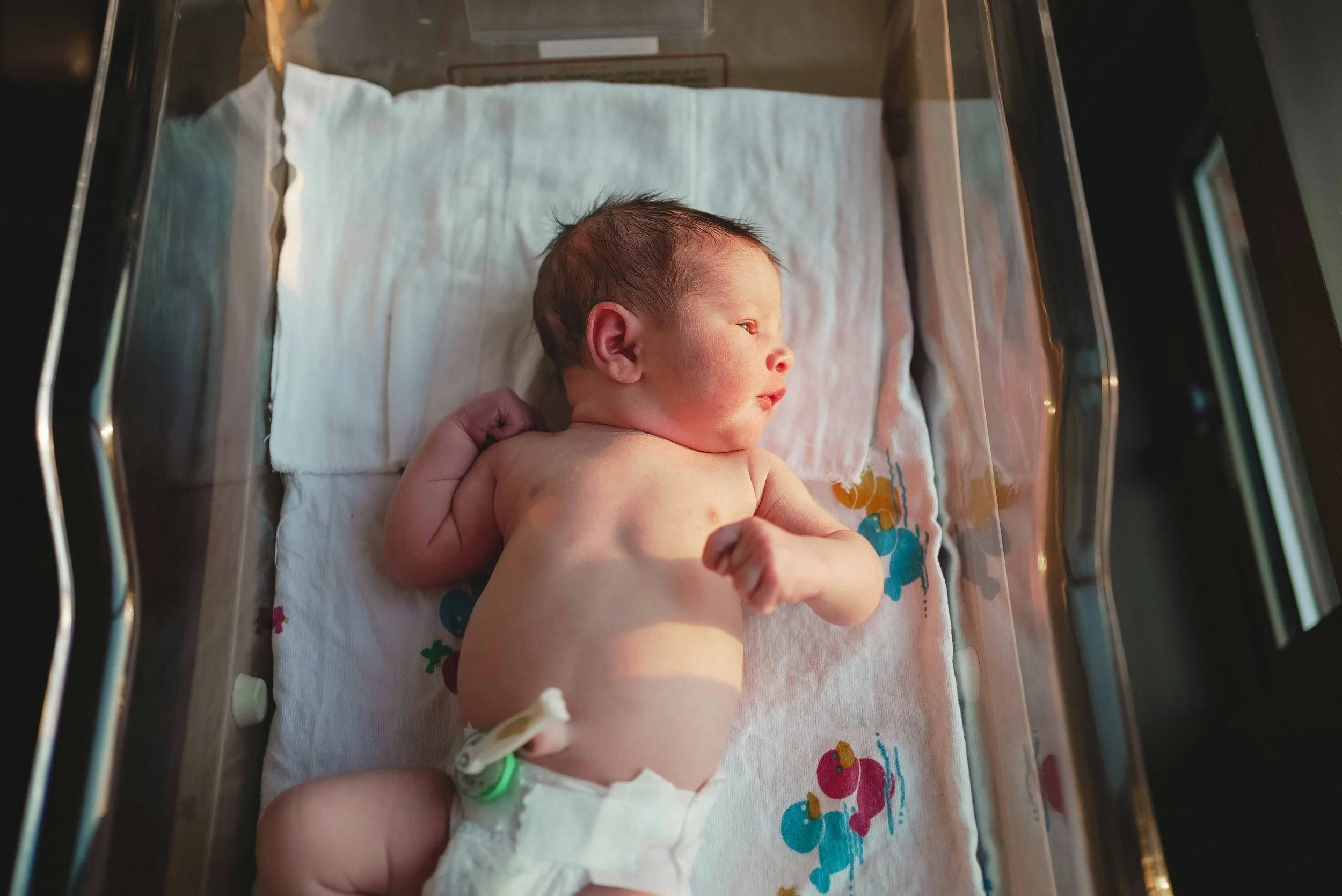 A newborn baby, whose mother is using The Breezy Doula's placenta keepsake services, lays in the hospital in Orange County.