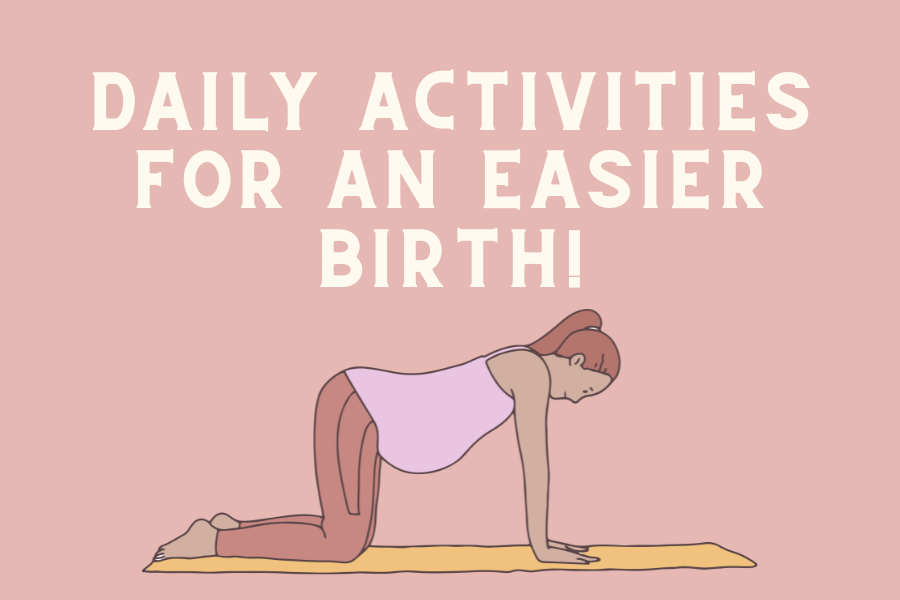 A graphic of daily activities for an easier birth, designed by The Breezy Doula.