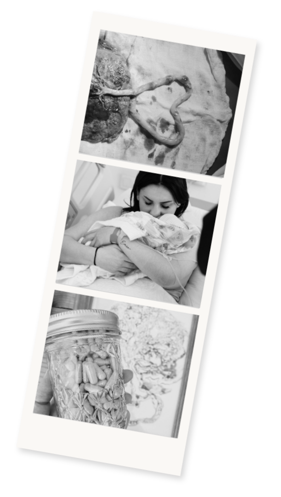 A photo strip of placenta capsules, an umbilical cord keepsake, and mother with her newborn in Orange County.